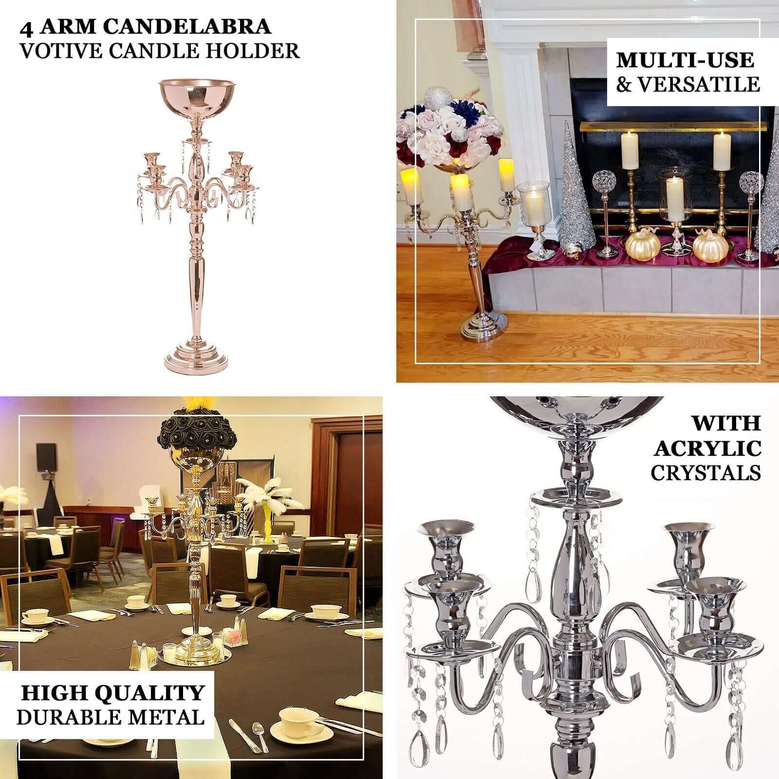 Metal Candelabra 4 Arm Design Silver with Flower Vase Bowl - Table Centerpiece for Weddings 33" - Linen Luxes