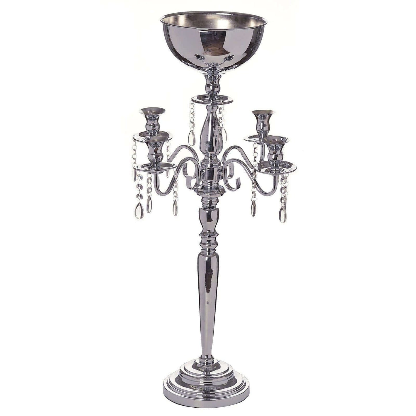 Metal Candelabra 4 Arm Design Silver with Flower Vase Bowl - Table Centerpiece for Weddings 33" - Linen Luxes
