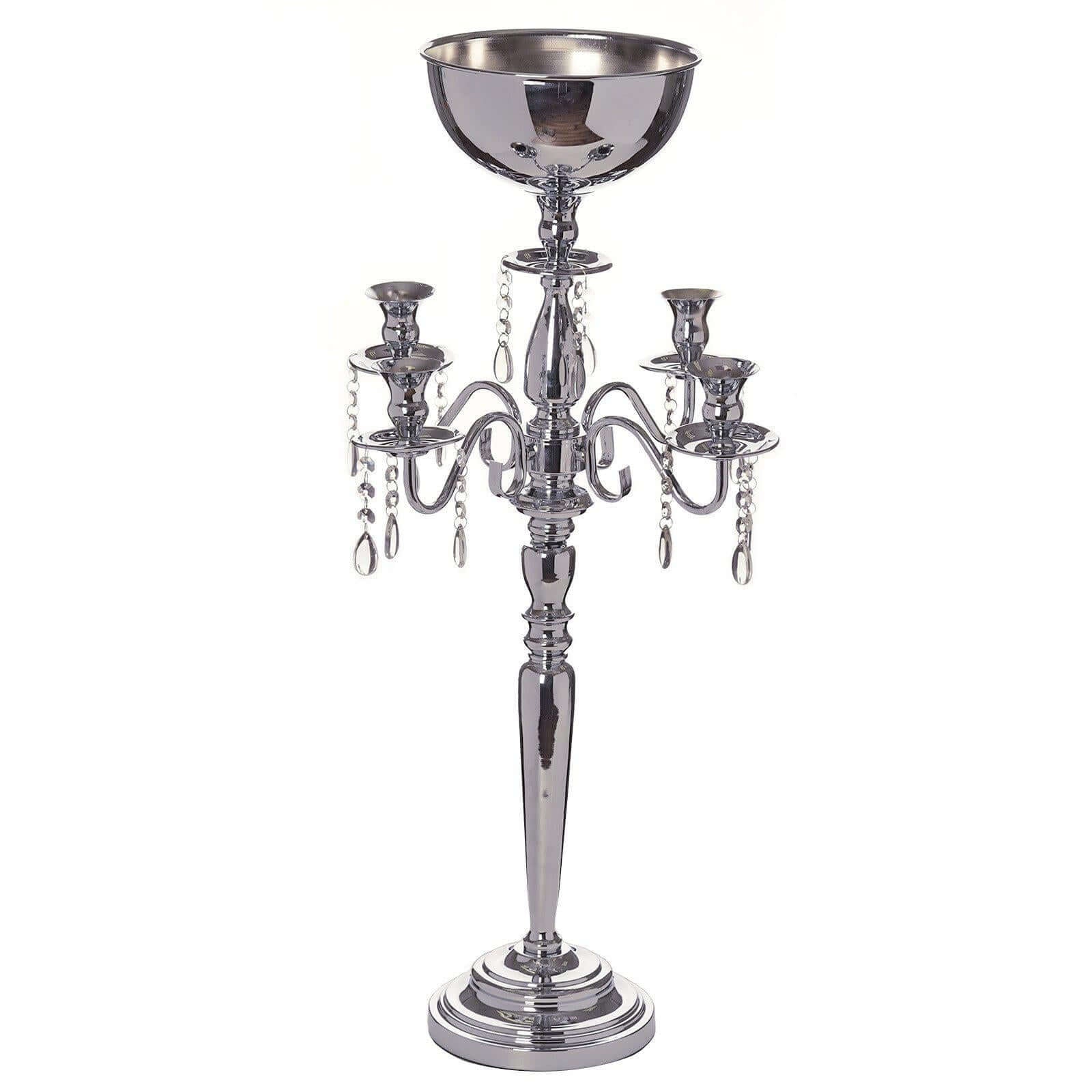 Metal Candelabra 4 Arm Design Silver with Flower Vase Bowl - Table Centerpiece for Weddings 33" - Linen Luxes