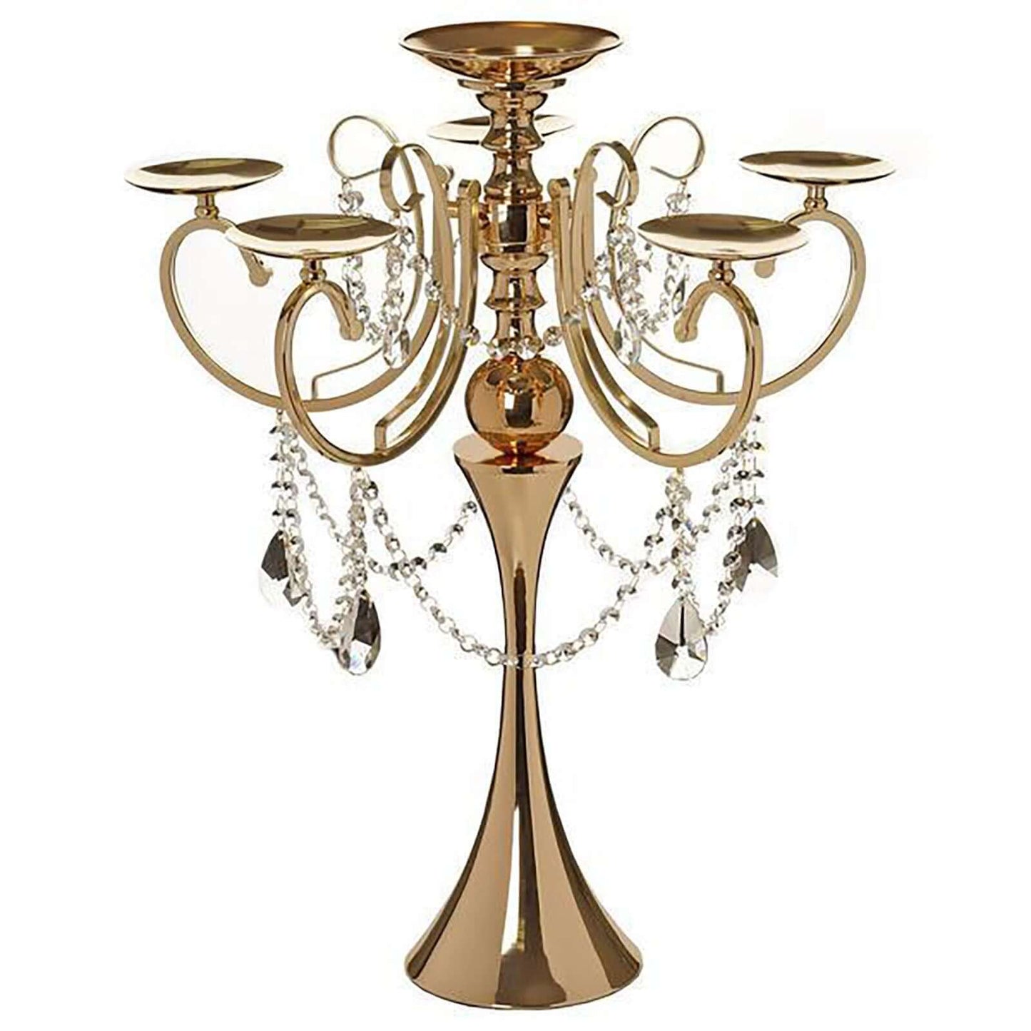 Metal Candelabra 5 Arm Design Gold with Hanging Crystal Drops - Table Centerpiece for Events 27" - Linen Luxes
