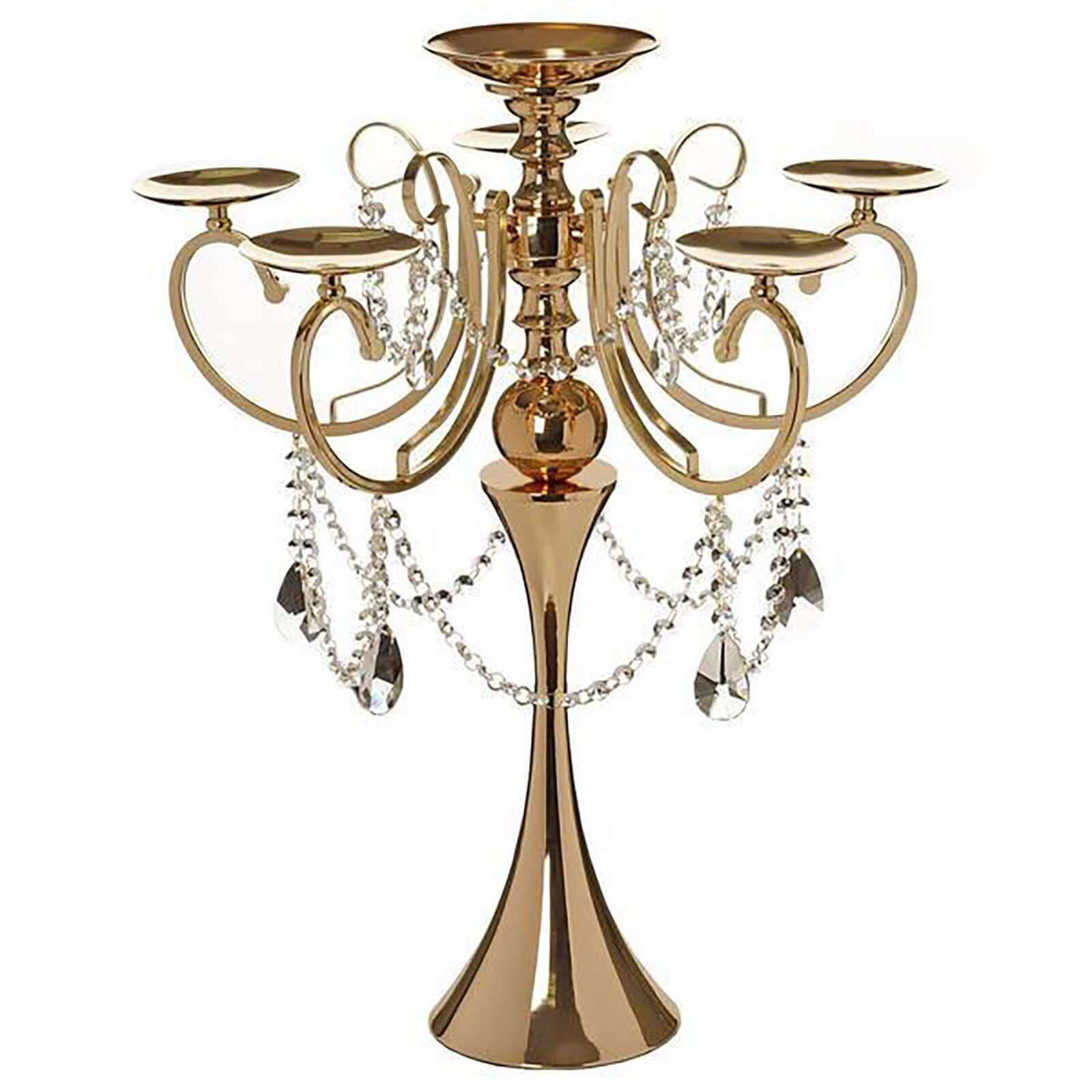 Metal Candelabra 5 Arm Design Gold with Hanging Crystal Drops - Table Centerpiece for Events 27" - Linen Luxes