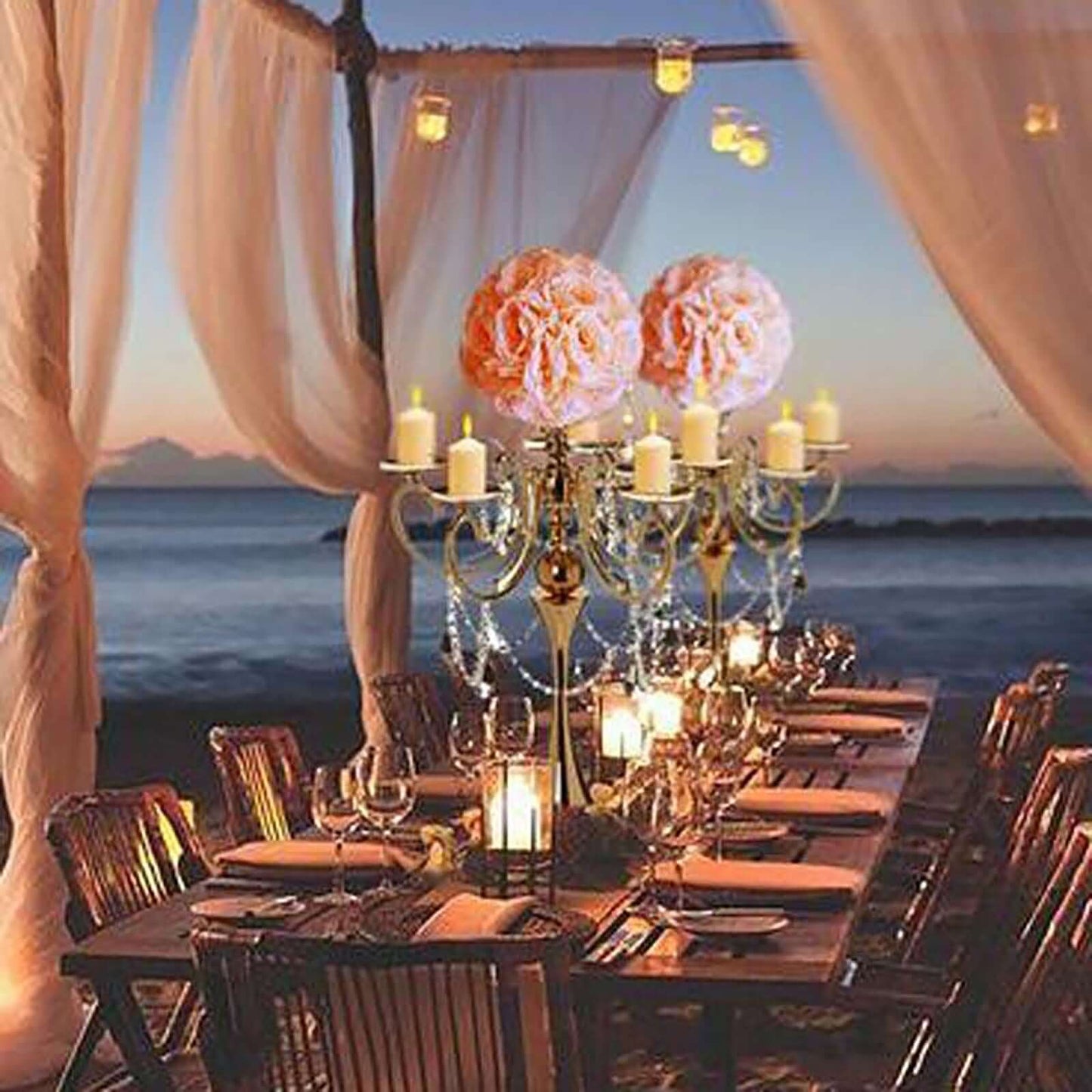 Metal Candelabra 5 Arm Design Gold with Hanging Crystal Drops - Table Centerpiece for Events 27" - Linen Luxes