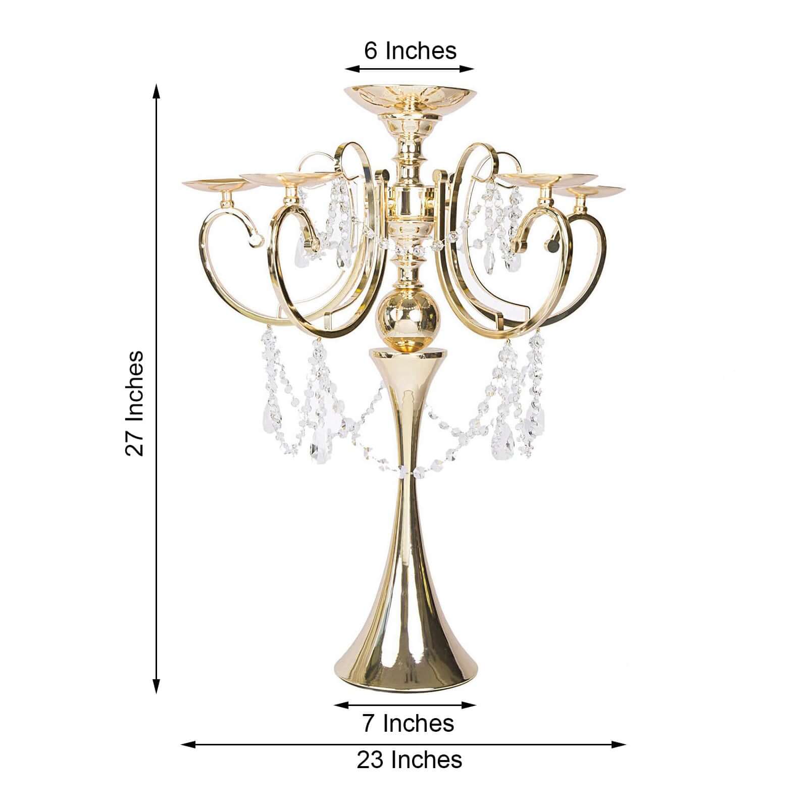Metal Candelabra 5 Arm Design Gold with Hanging Crystal Drops - Table Centerpiece for Events 27" - Linen Luxes