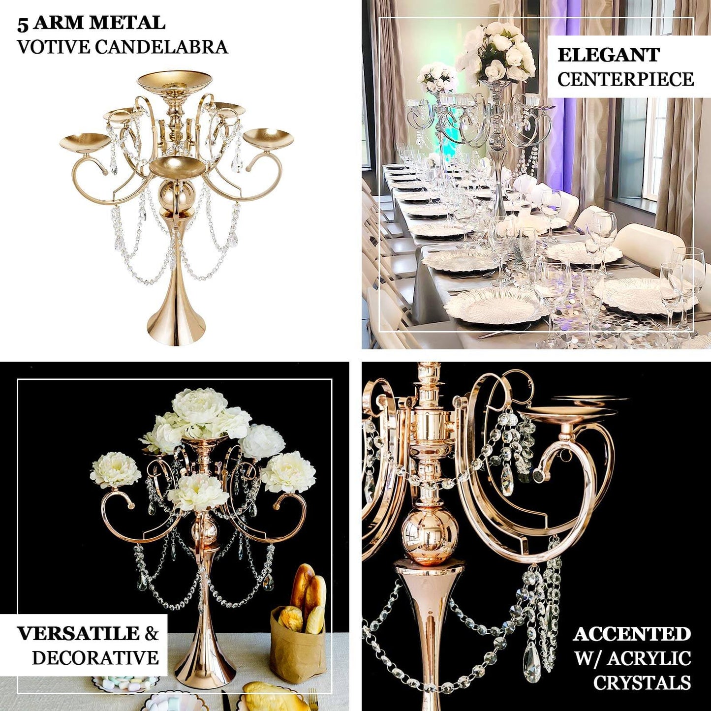 Metal Candelabra 5 Arm Design Gold with Hanging Crystal Drops - Table Centerpiece for Events 27" - Linen Luxes