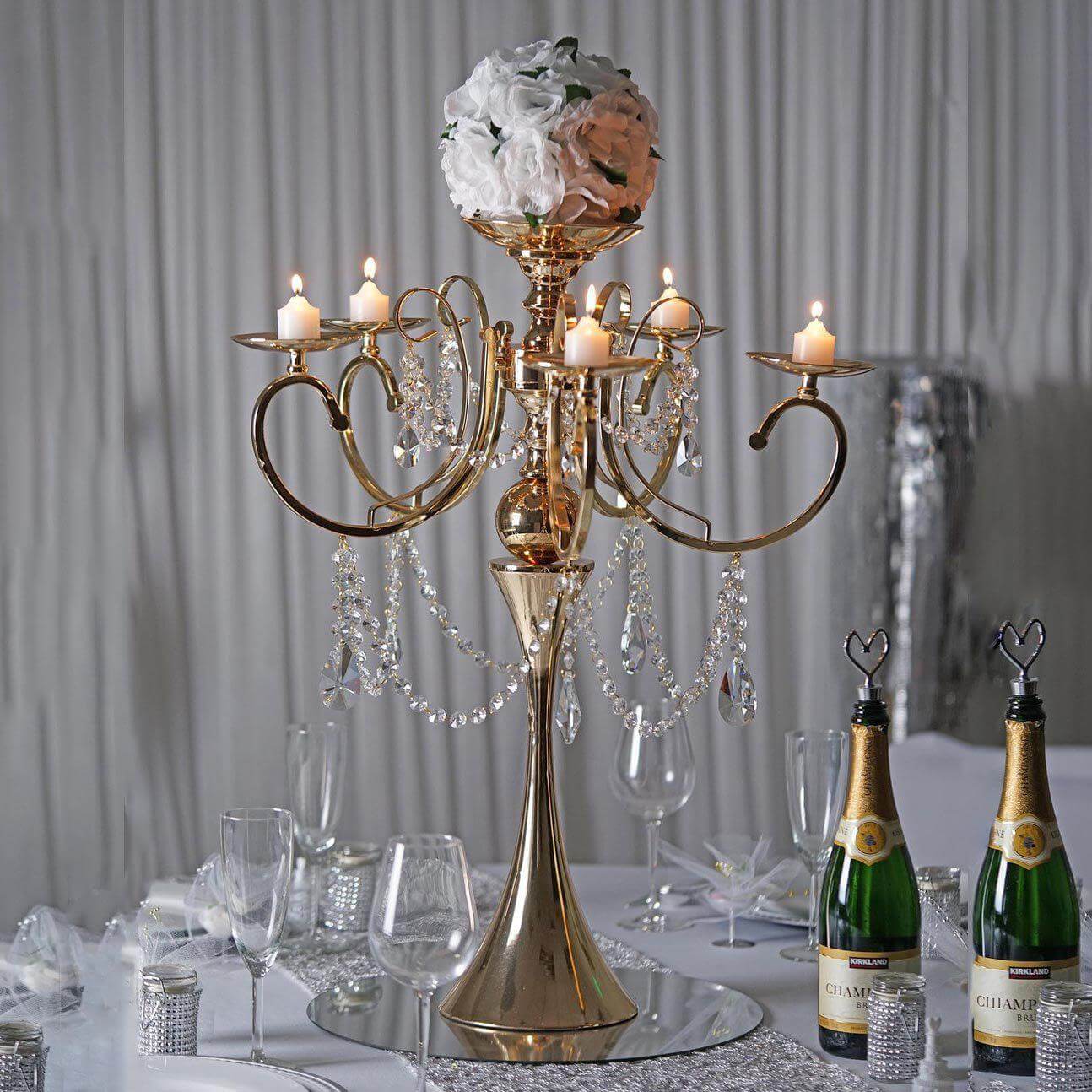 Metal Candelabra 5 Arm Design Gold with Hanging Crystal Drops - Table Centerpiece for Events 27" - Linen Luxes