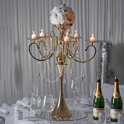 Metal Candelabra 5 Arm Design Gold with Hanging Crystal Drops - Table Centerpiece for Events 27" - Linen Luxes