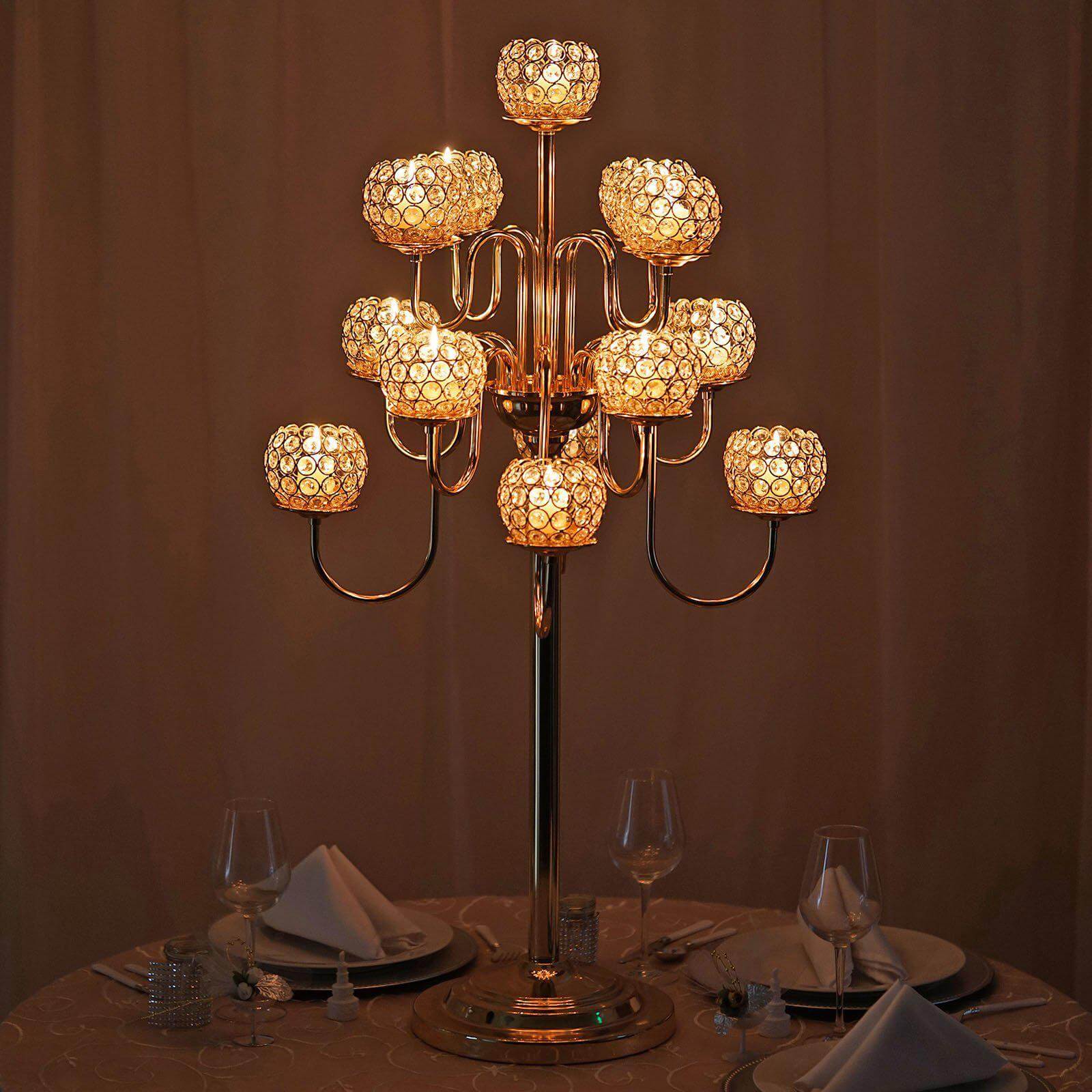 Metal Crystal Beaded Candelabra Gold 13 Arm Design - Table Centerpiece for Events 40" - Linen Luxes
