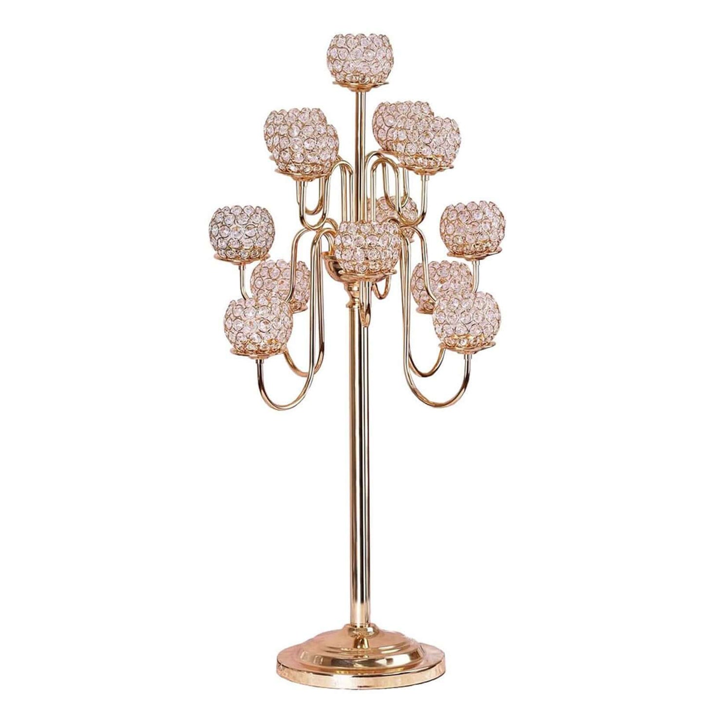 Metal Crystal Beaded Candelabra Gold 13 Arm Design - Table Centerpiece for Events 40" - Linen Luxes