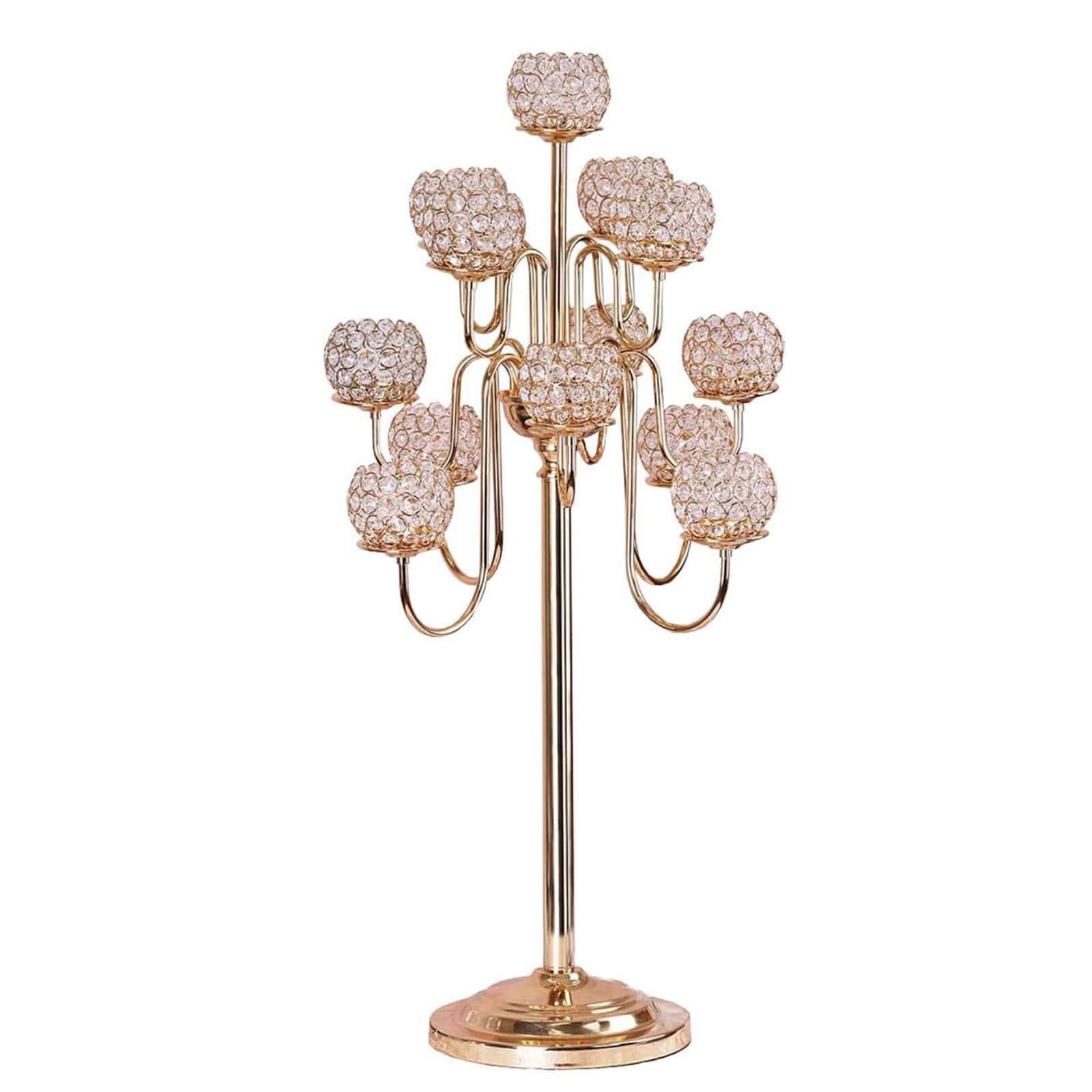 Metal Crystal Beaded Candelabra Gold 13 Arm Design - Table Centerpiece for Events 40" - Linen Luxes