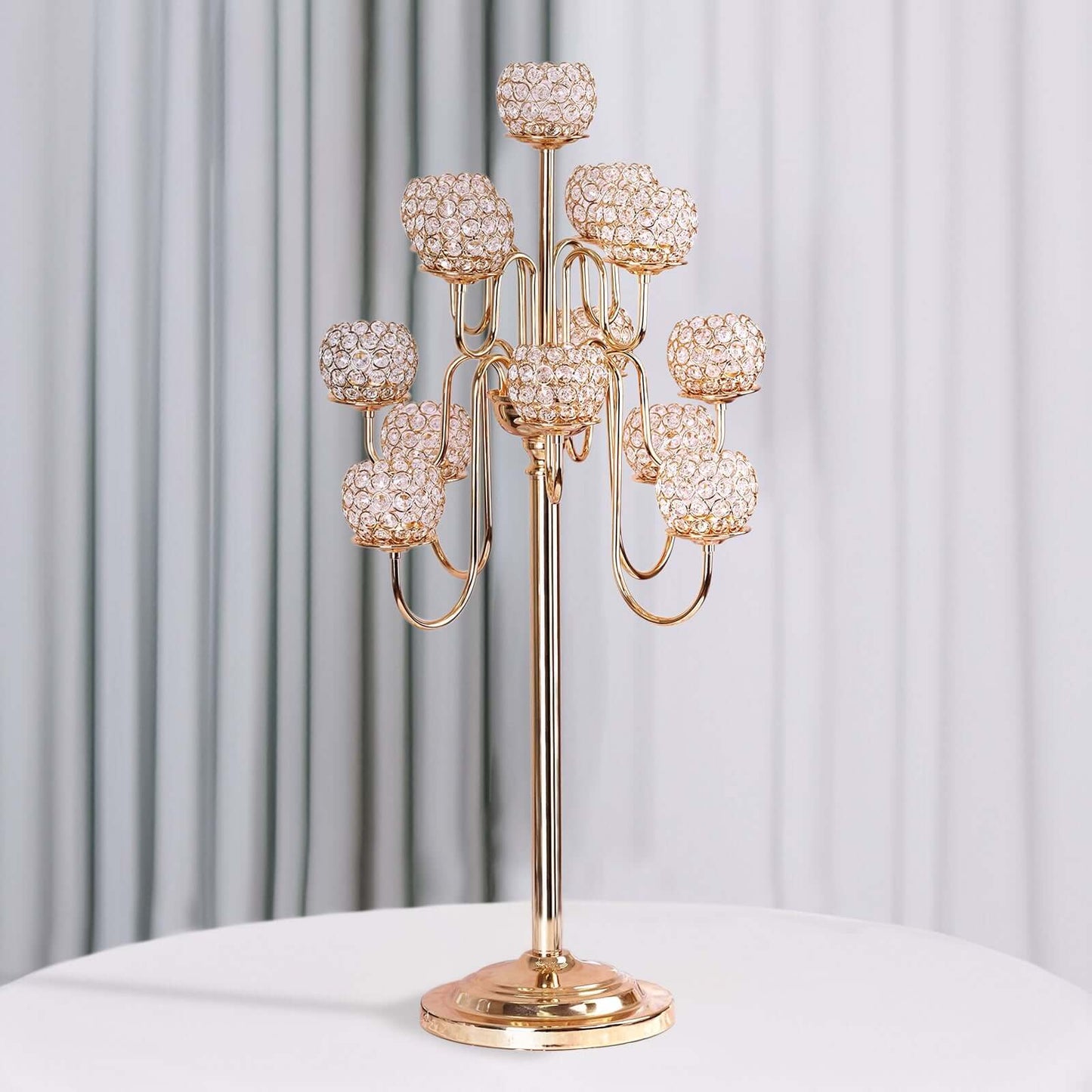 Metal Crystal Beaded Candelabra Gold 13 Arm Design - Table Centerpiece for Events 40" - Linen Luxes
