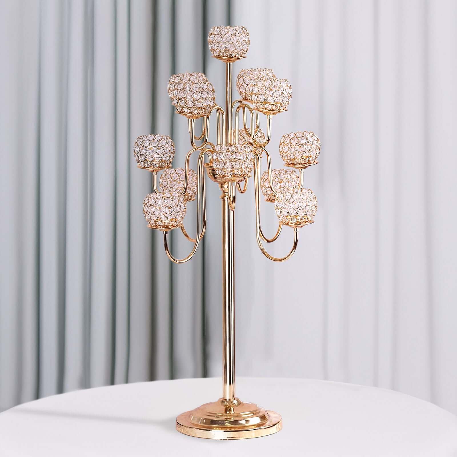 Metal Crystal Beaded Candelabra Gold 13 Arm Design - Table Centerpiece for Events 40" - Linen Luxes
