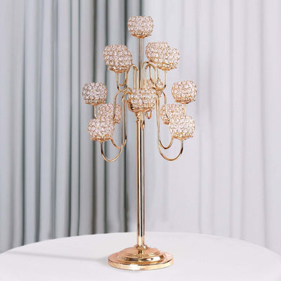 Metal Crystal Beaded Candelabra Gold 13 Arm Design - Table Centerpiece for Events 40" - Linen Luxes