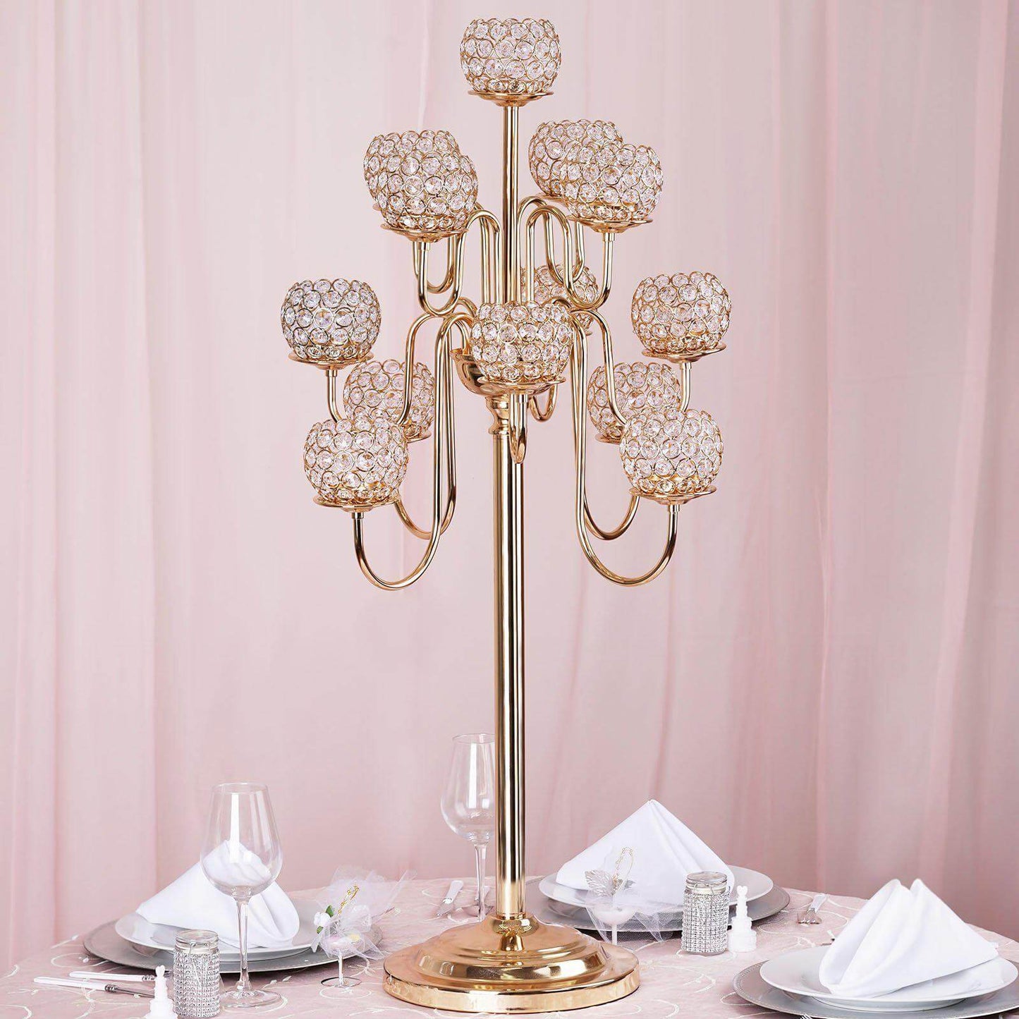 Metal Crystal Beaded Candelabra Gold 13 Arm Design - Table Centerpiece for Events 40" - Linen Luxes