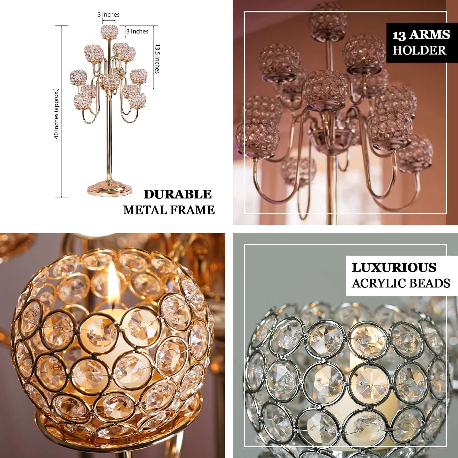 Metal Crystal Beaded Candelabra Gold 13 Arm Design - Table Centerpiece for Events 40" - Linen Luxes