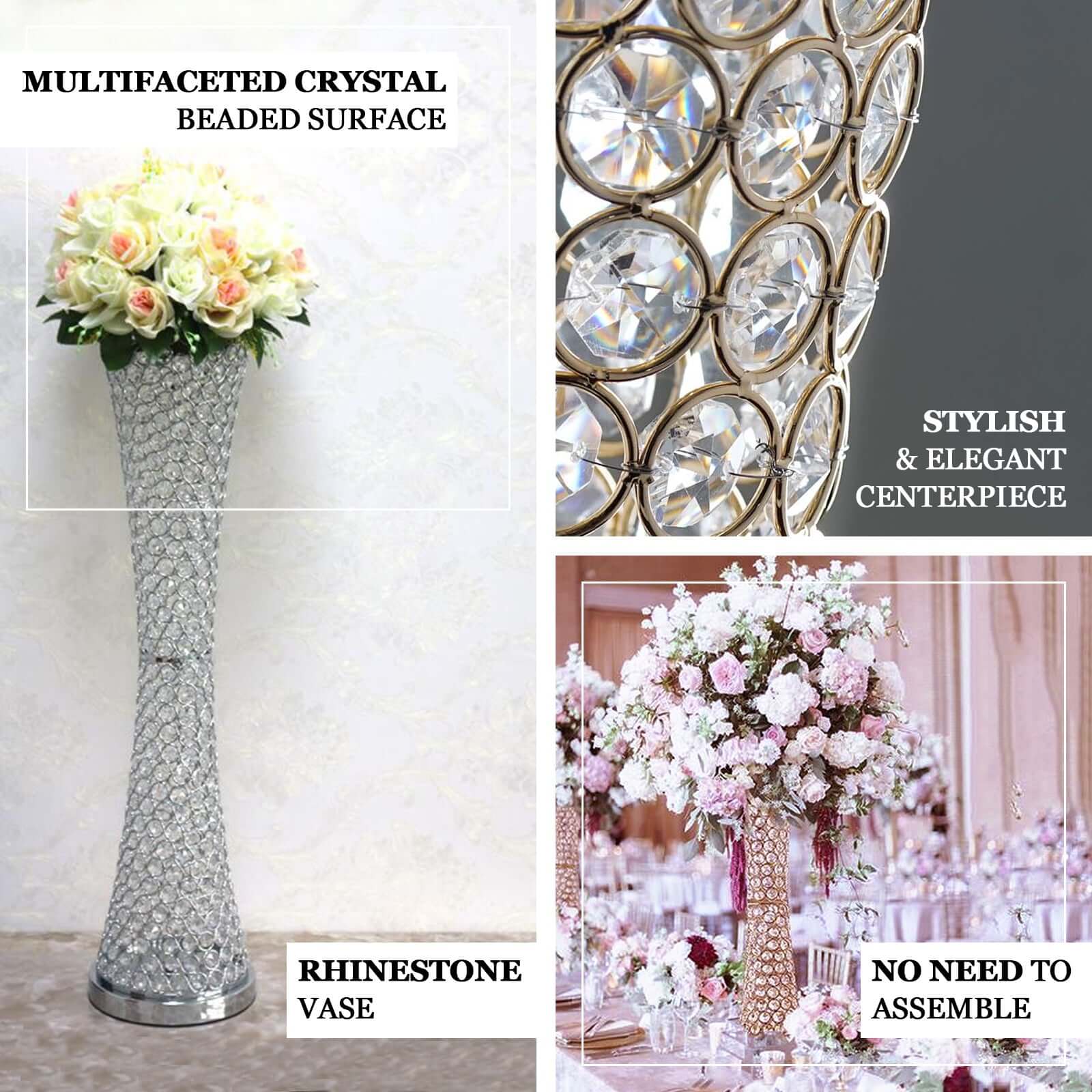 Metal Hurricane Floral Vase Centerpiece Metallic Gold with Crystal Beaded Design - Table Decorative Stand 24" - Linen Luxes