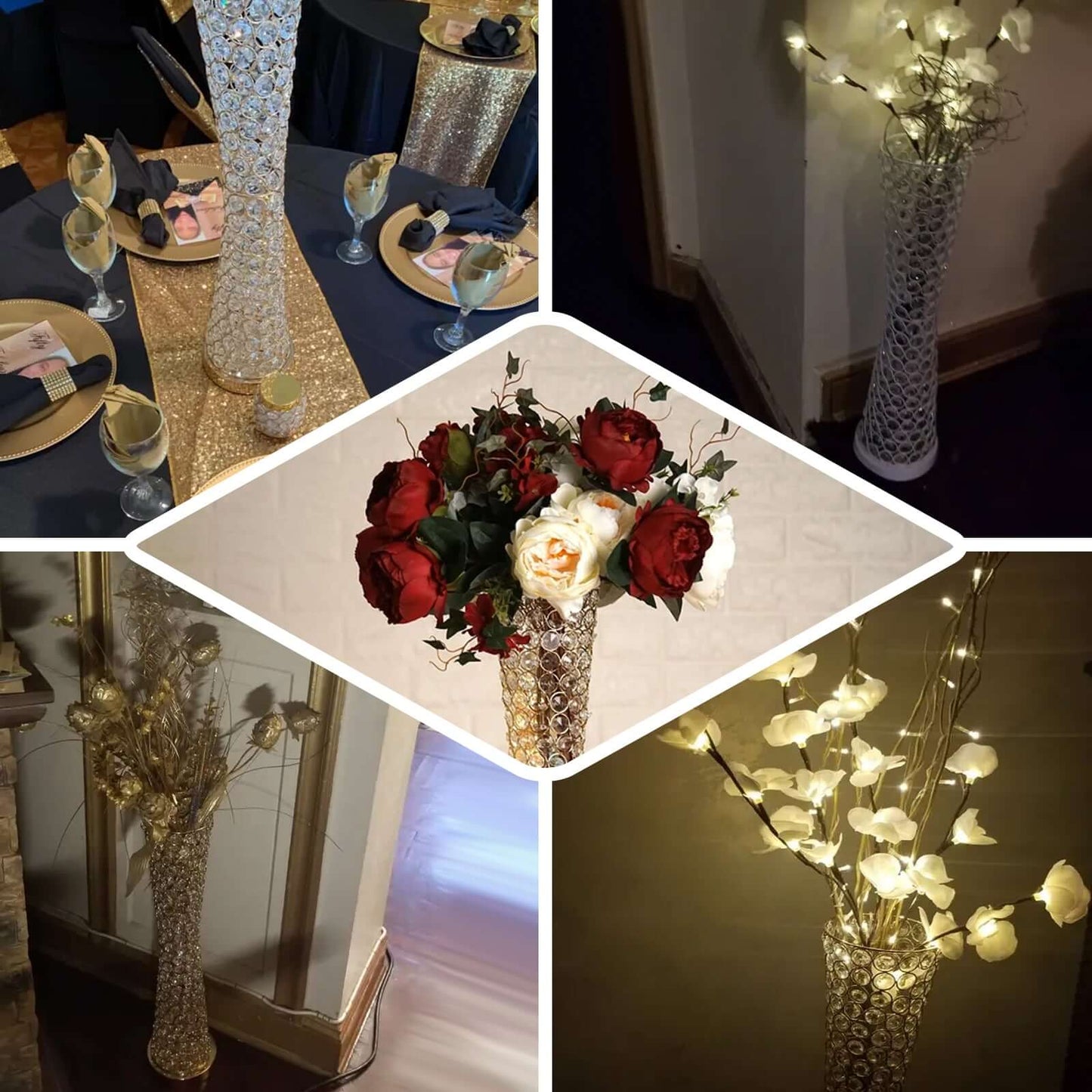 Metal Hurricane Floral Vase Centerpiece Metallic Gold with Crystal Beaded Design - Table Decorative Stand 24" - Linen Luxes