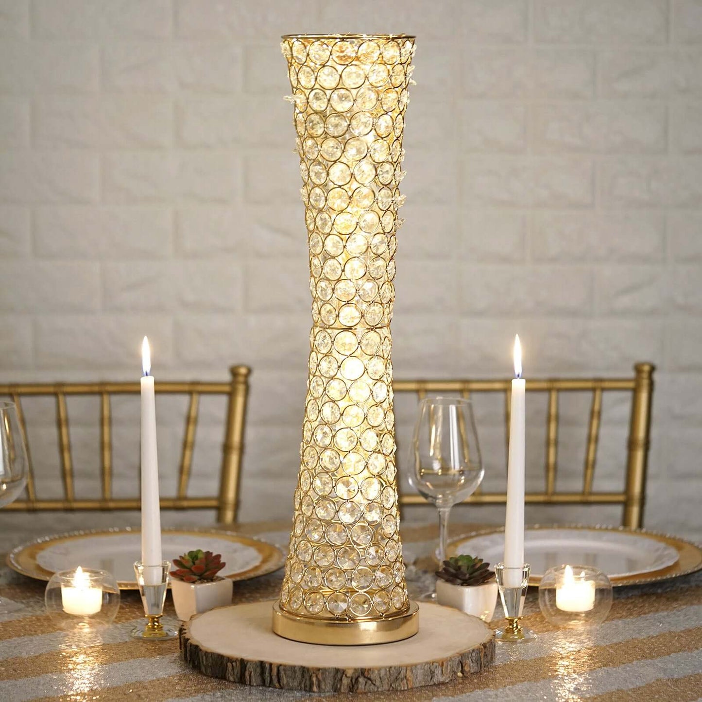 Metal Hurricane Floral Vase Centerpiece Metallic Gold with Crystal Beaded Design - Table Decorative Stand 24" - Linen Luxes