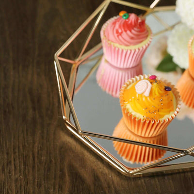 Metal Octagon Serving Tray 14"x9" in Gold with Mirrored Top, Sleek Decorative Vanity Tray Centerpiece - Linen Luxes