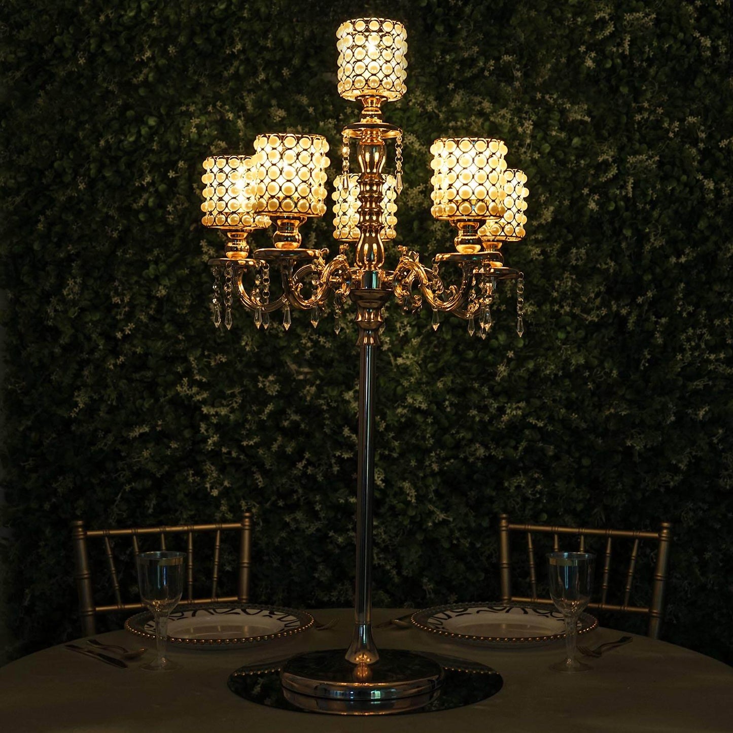 Metal Pearl Beaded Candelabra in Gold 6 - Arm - Stylish Table Centerpiece with Crystal Chandelier Pendants - Linen Luxes