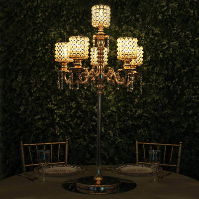Metal Pearl Beaded Candelabra in Gold 6 - Arm - Stylish Table Centerpiece with Crystal Chandelier Pendants - Linen Luxes