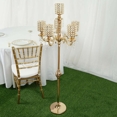 Metal Pearl Beaded Candelabra in Gold 6 - Arm - Stylish Table Centerpiece with Crystal Chandelier Pendants - Linen Luxes