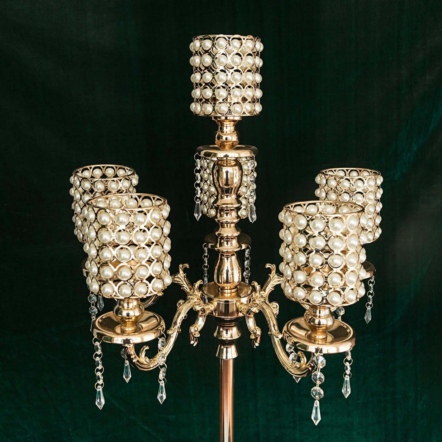 Metal Pearl Beaded Candelabra in Gold 6 - Arm - Stylish Table Centerpiece with Crystal Chandelier Pendants - Linen Luxes