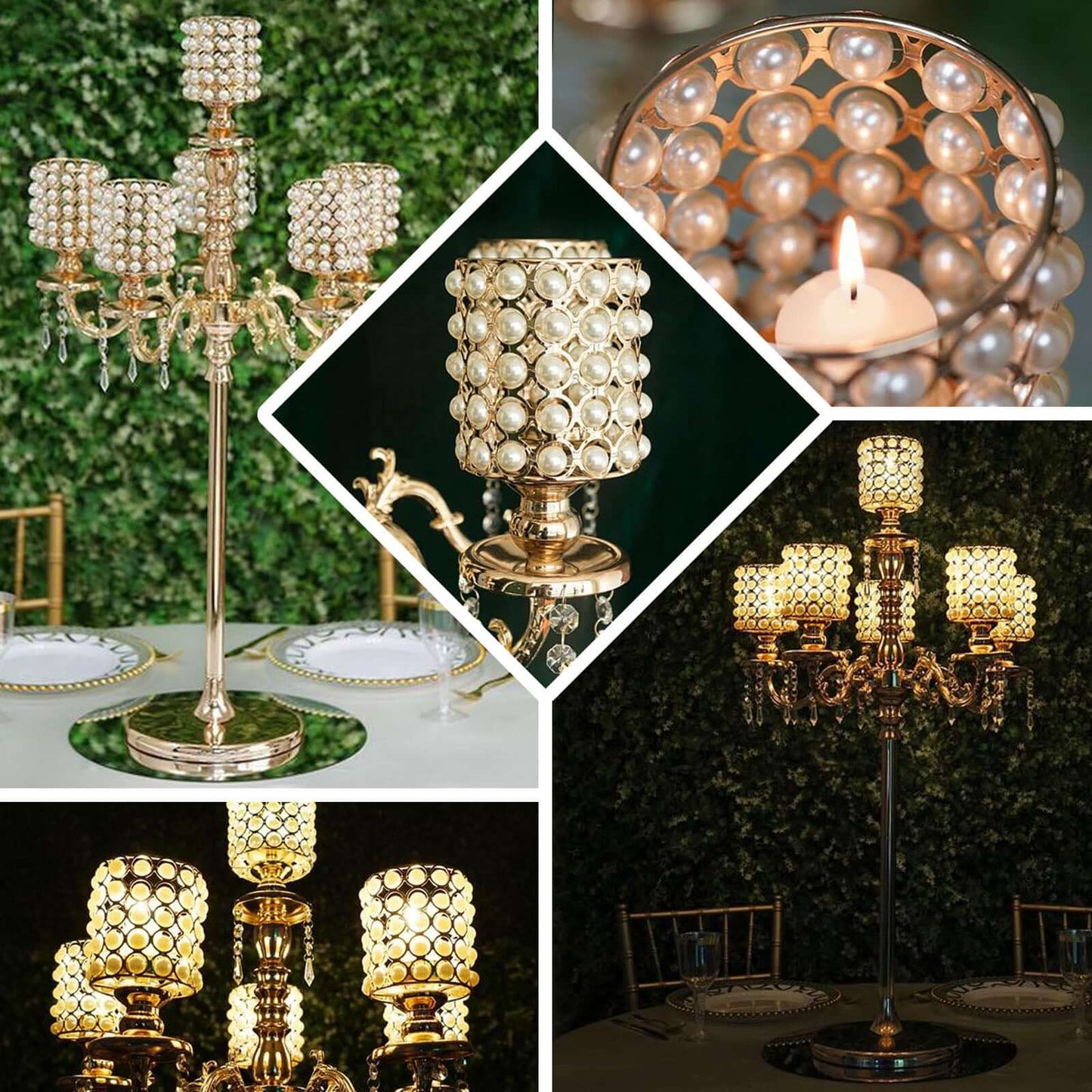 Metal Pearl Beaded Candelabra in Gold 6 - Arm - Stylish Table Centerpiece with Crystal Chandelier Pendants - Linen Luxes