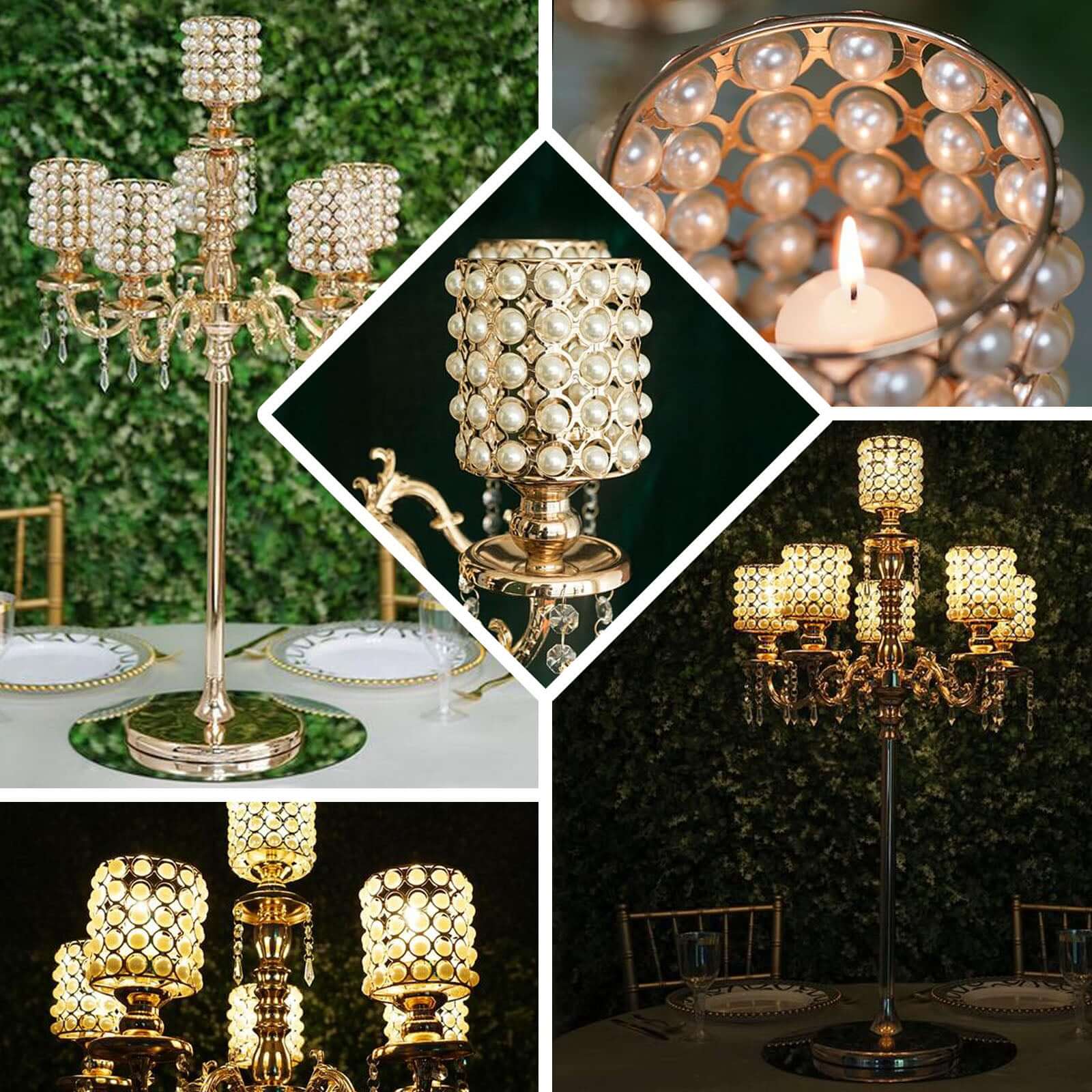 Metal Pearl Beaded Candelabra in Gold 6 - Arm - Stylish Table Centerpiece with Crystal Chandelier Pendants - Linen Luxes