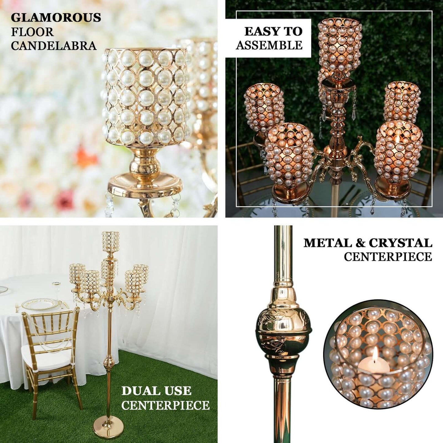 Metal Pearl Beaded Candelabra in Gold 6 - Arm - Stylish Table Centerpiece with Crystal Chandelier Pendants - Linen Luxes