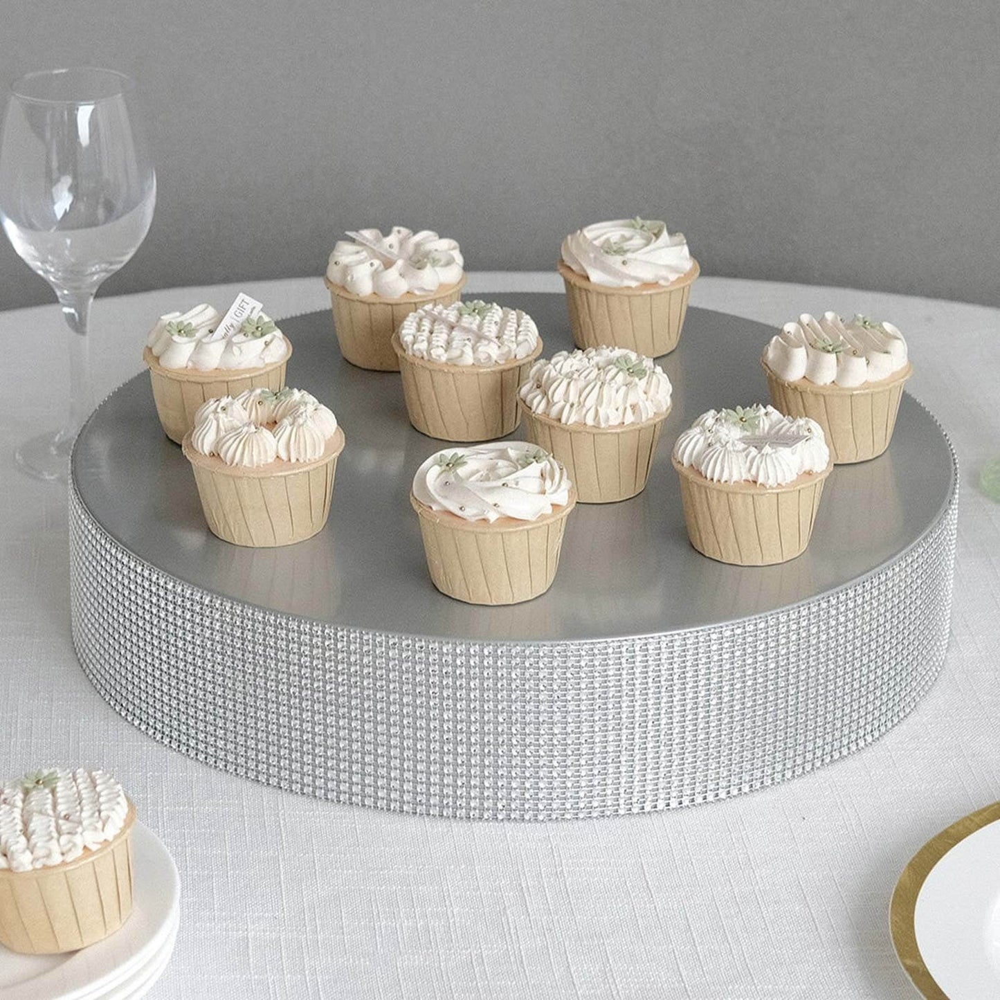 Metal Pedestal Cake Stand Round Design with Rhinestones Silver - Cupcake Holder and Dessert Table Centerpiece 16"