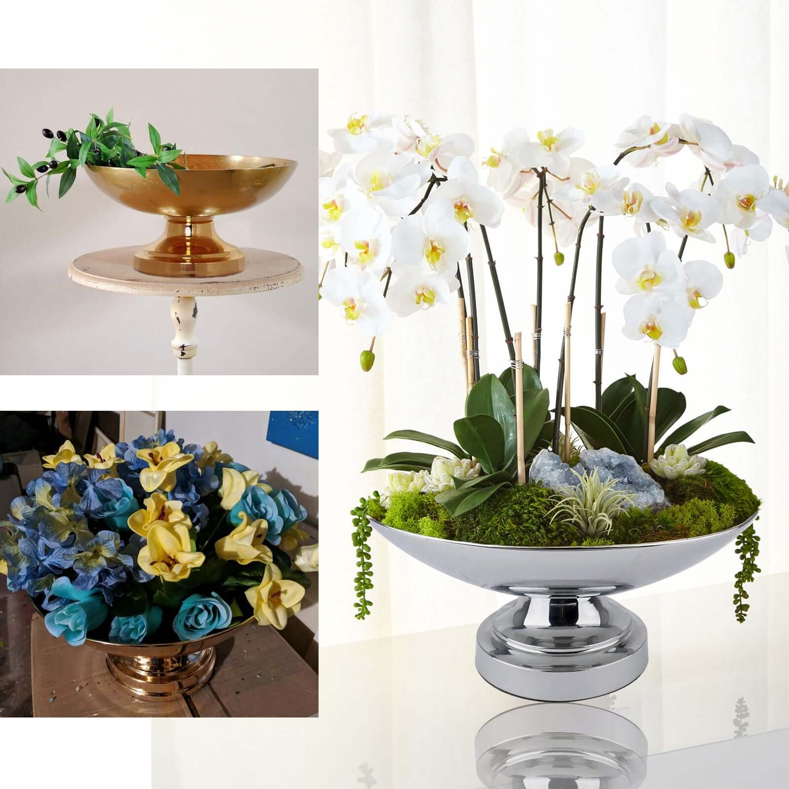 Metal Pedestal Flower Pot Round Design Gold - Floating Candle Bowl and Display Dish 12" - Linen Luxes