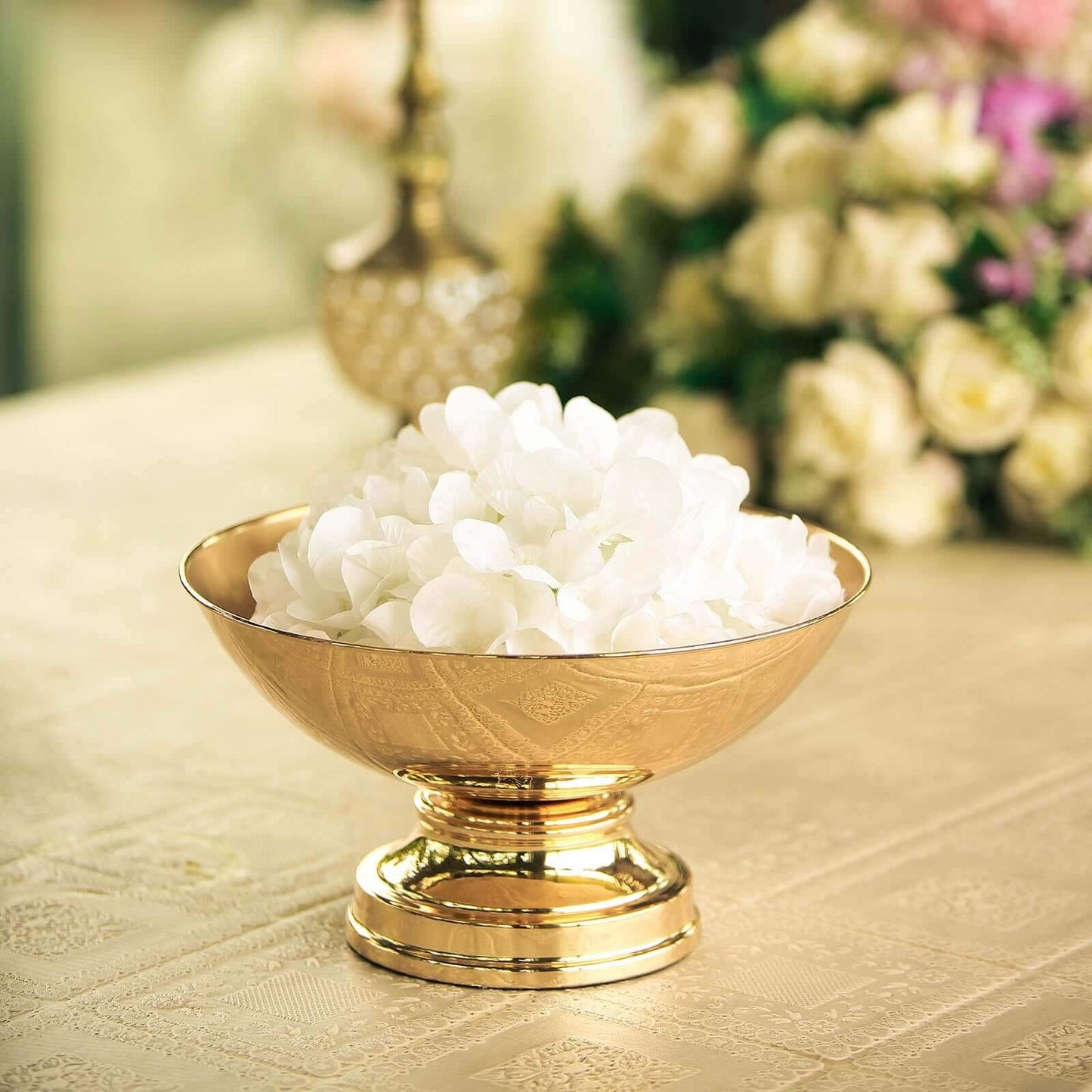 Metal Pedestal Flower Pot Round Design Gold - Floating Candle Bowl and Display Dish 12" - Linen Luxes