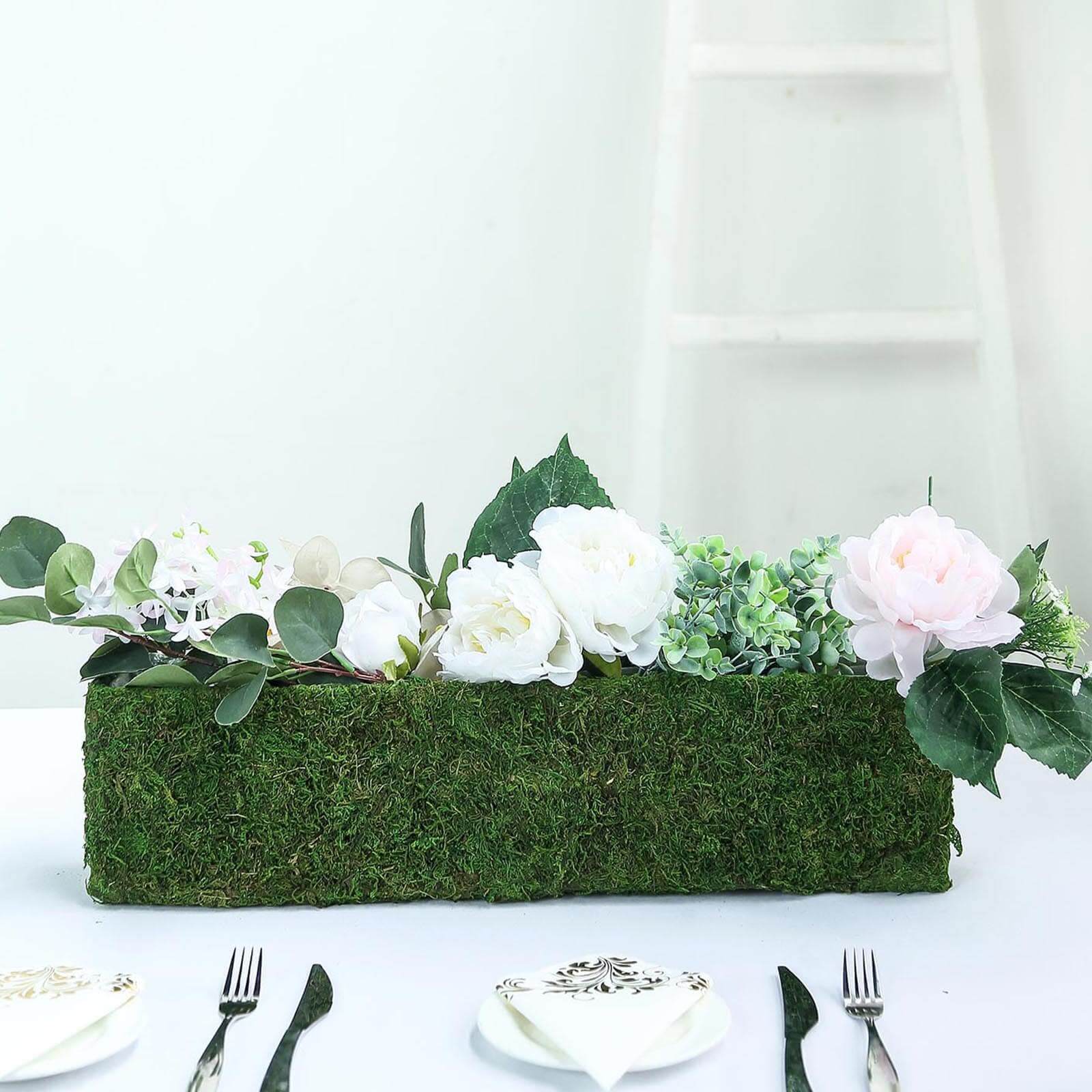 Metal Planter Box Rectangle with Inner Lining Green Preserved Moss - Rustic Flower Basket Decor 23" - Linen Luxes