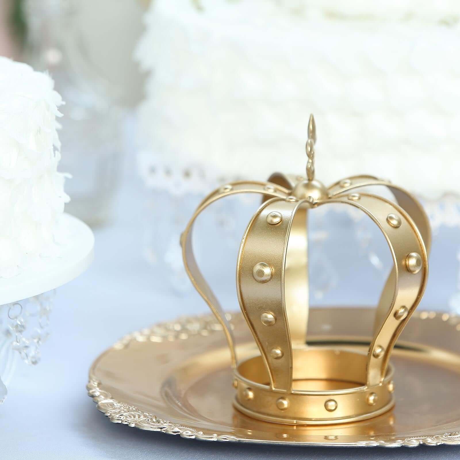 Metal Royal Crown Cake Topper 8" Gold Fleur - De - Lis Top - Refined Cake Centerpiece Decoration for Upscale & Royal - Themed Events - Linen Luxes