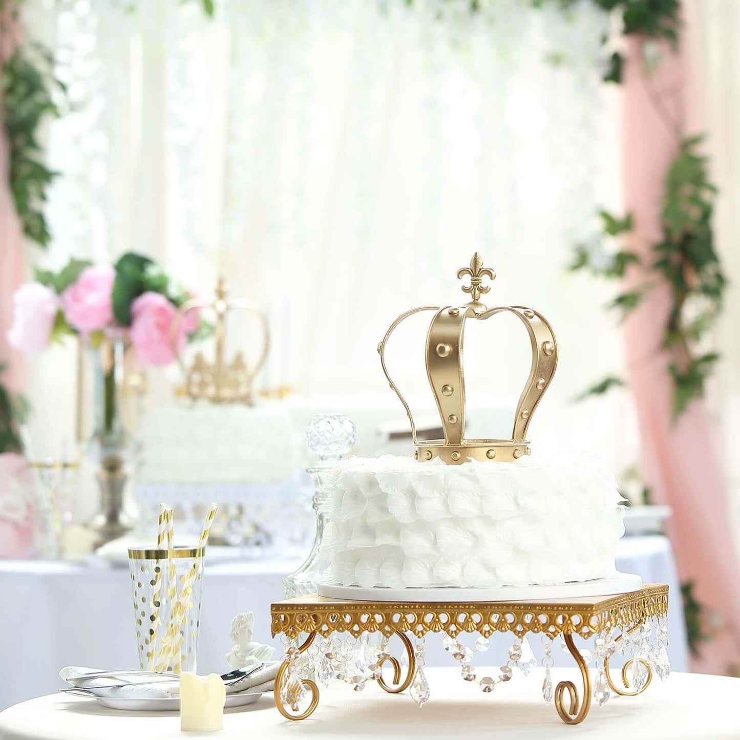 Metal Royal Crown Cake Topper 8" Gold Fleur - De - Lis Top - Refined Cake Centerpiece Decoration for Upscale & Royal - Themed Events - Linen Luxes