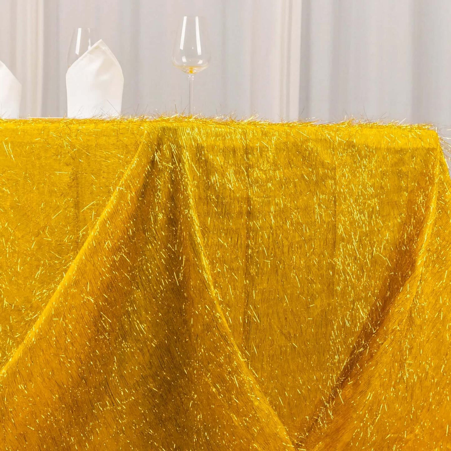 Polyester 90"x156" Rectangle Tablecloth Gold Metallic Fringe Shag Tinsel Design Table Cover for Events Decor