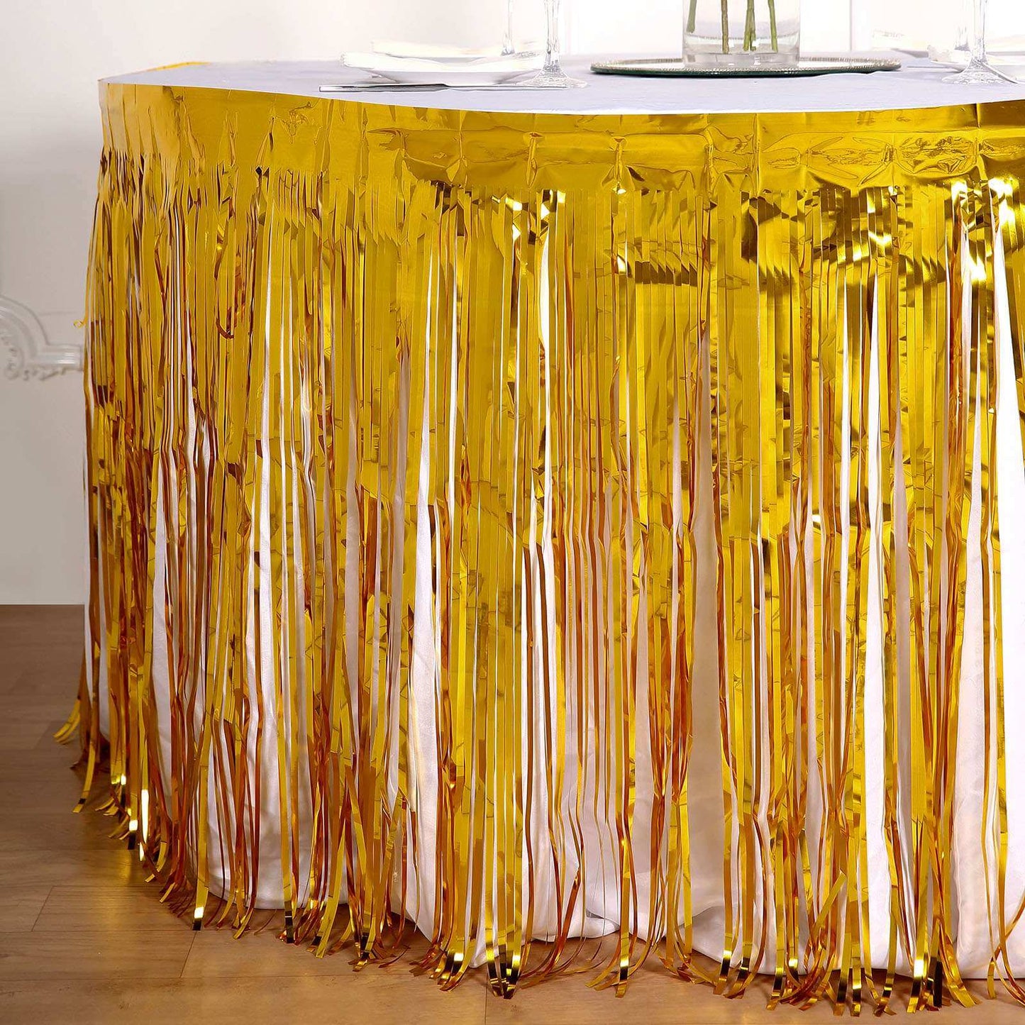 Metallic Foil Fringe Table Skirt Gold with Self Adhesive Backing - Durable Tinsel Skirt for Parties 30"x9ft