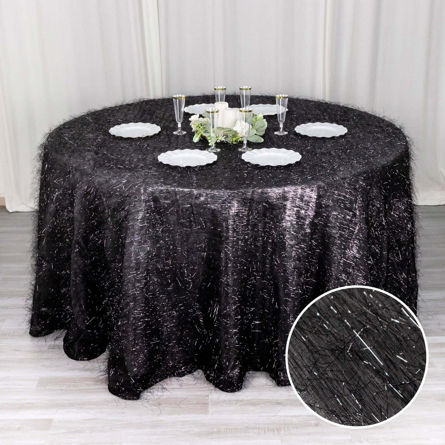 Polyester 120" Round Black Tablecloth Metallic Fringe Shag Tinsel Table Cover