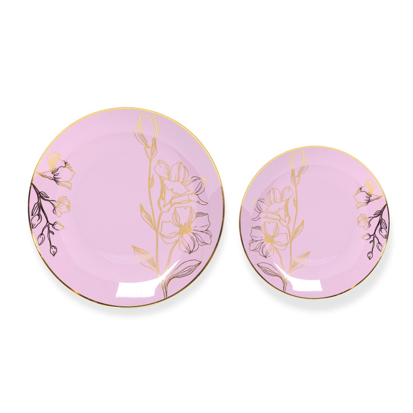 Set of 20 Plastic Round Dinner and Dessert Plates in Lavender Lilac with Metallic Gold Floral Design - Stylish Disposable Dinnerware 8", 10"