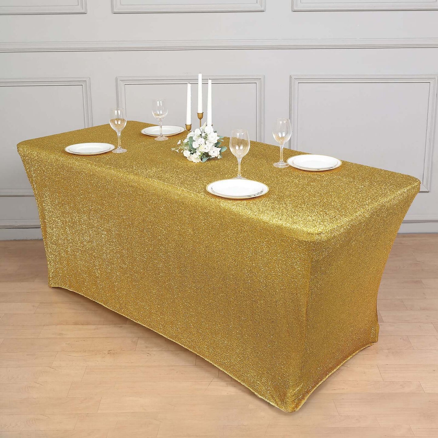 Shimmer Tinsel Spandex 72"x30" Rectangle Tablecloth Metallic Gold Glittered Shiny Stretch Table Cover for Gleaming Event Decor
