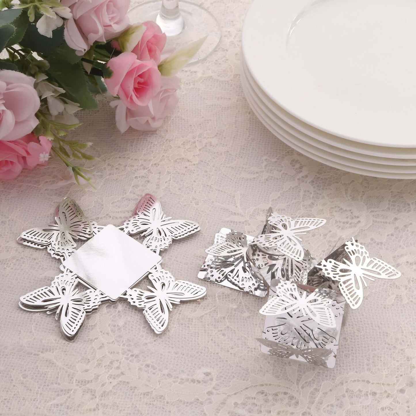50-Pack Mini Paper Truffle Cup Liners Butterfly Square Design Metallic Silver - 225GSM Cupcake Tray Wrappers 4"