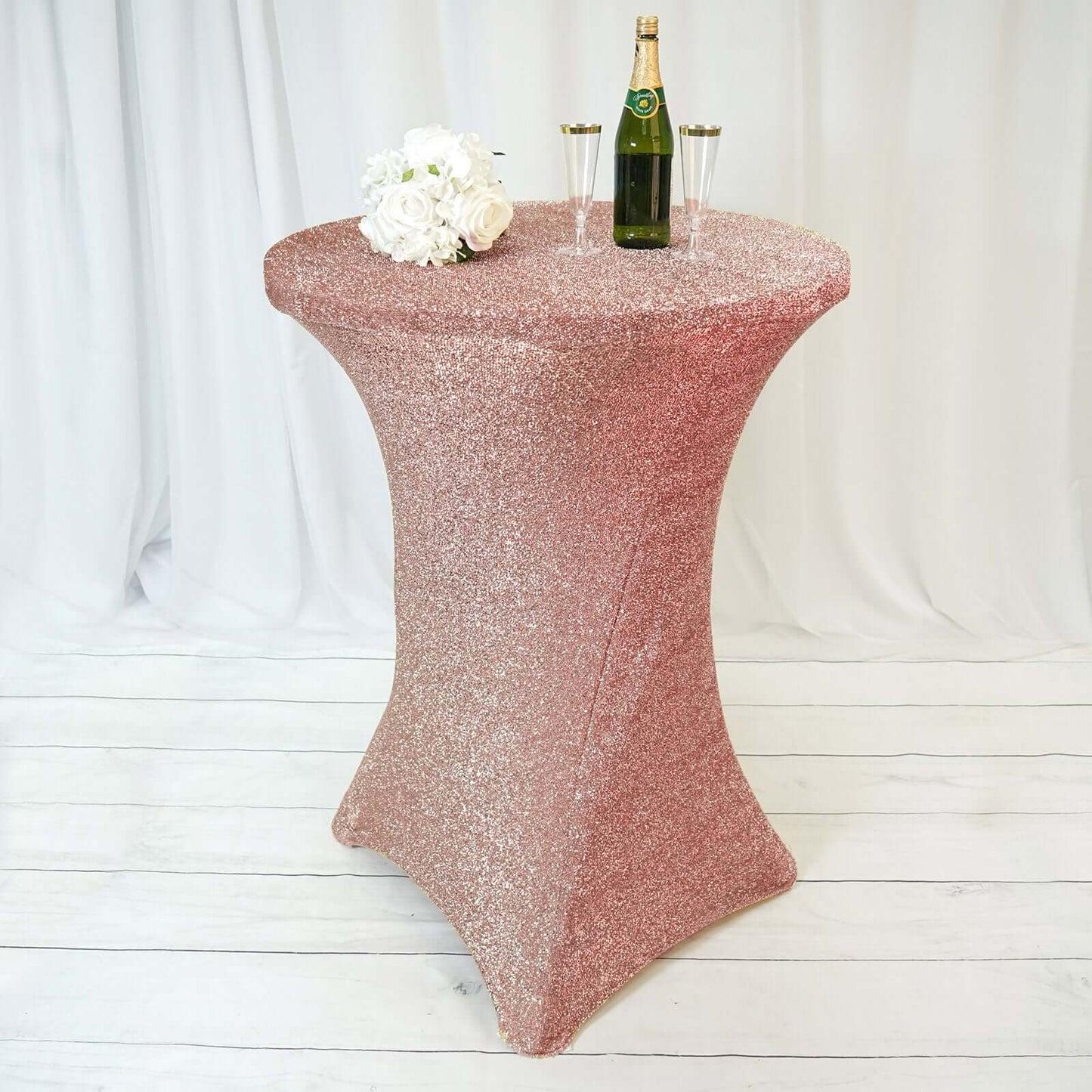 Metallic Spandex 36" Fitted Glitter Round Cocktail Table Cover Rose Gold - Stretch Fit for High Top Tables - Linen Luxes