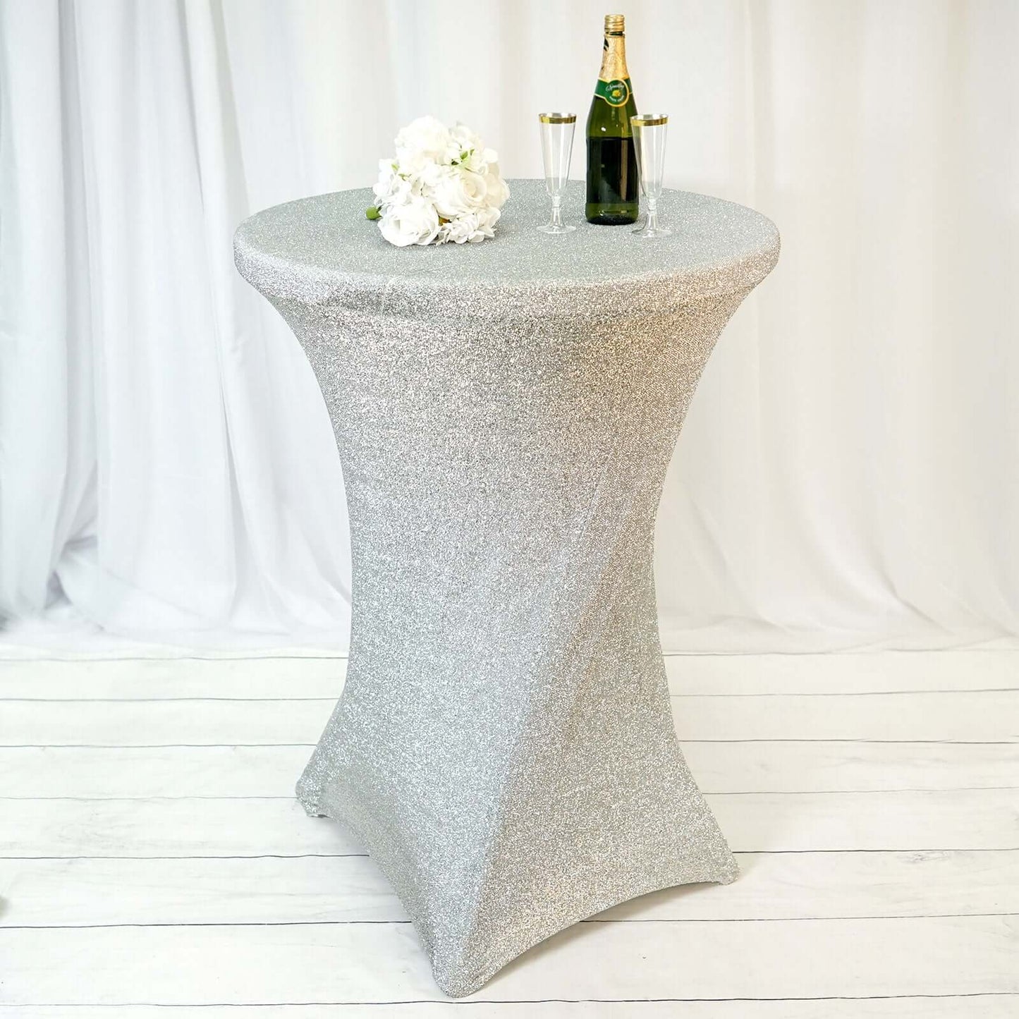 Metallic Spandex 36" Fitted Glitter Round Cocktail Table Cover Silver - Stretch Fit for High Top Tables - Linen Luxes