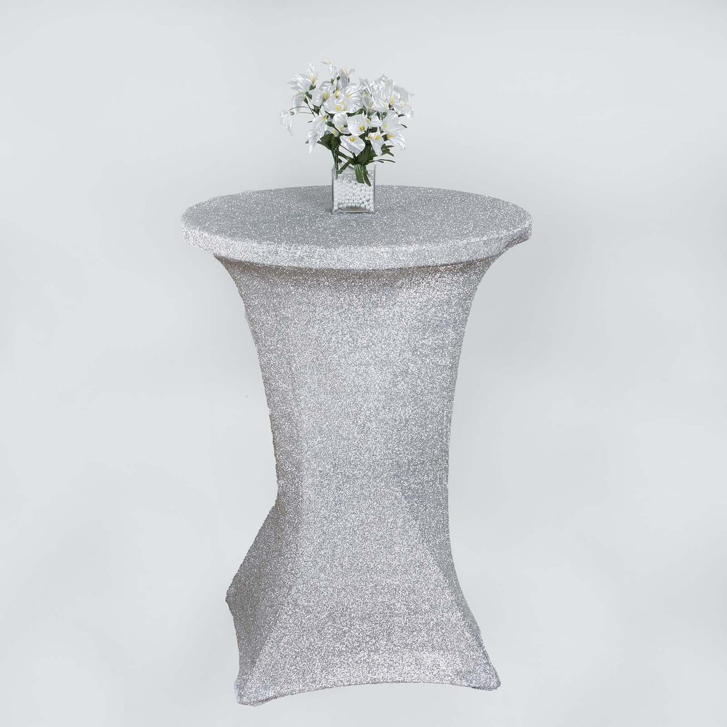Metallic Spandex 36" Fitted Glitter Round Cocktail Table Cover Silver - Stretch Fit for High Top Tables - Linen Luxes