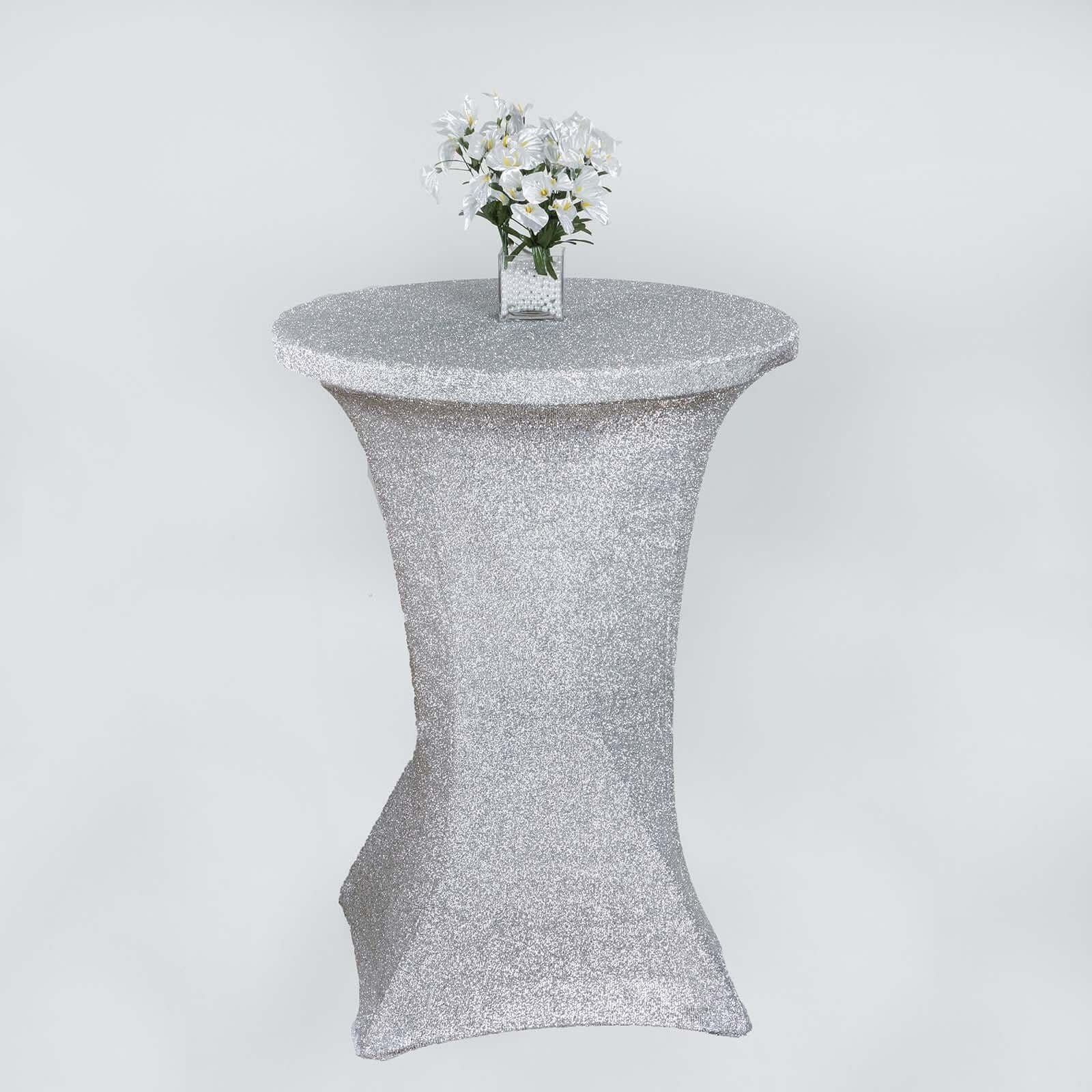 Metallic Spandex 36" Fitted Glitter Round Cocktail Table Cover Silver - Stretch Fit for High Top Tables - Linen Luxes