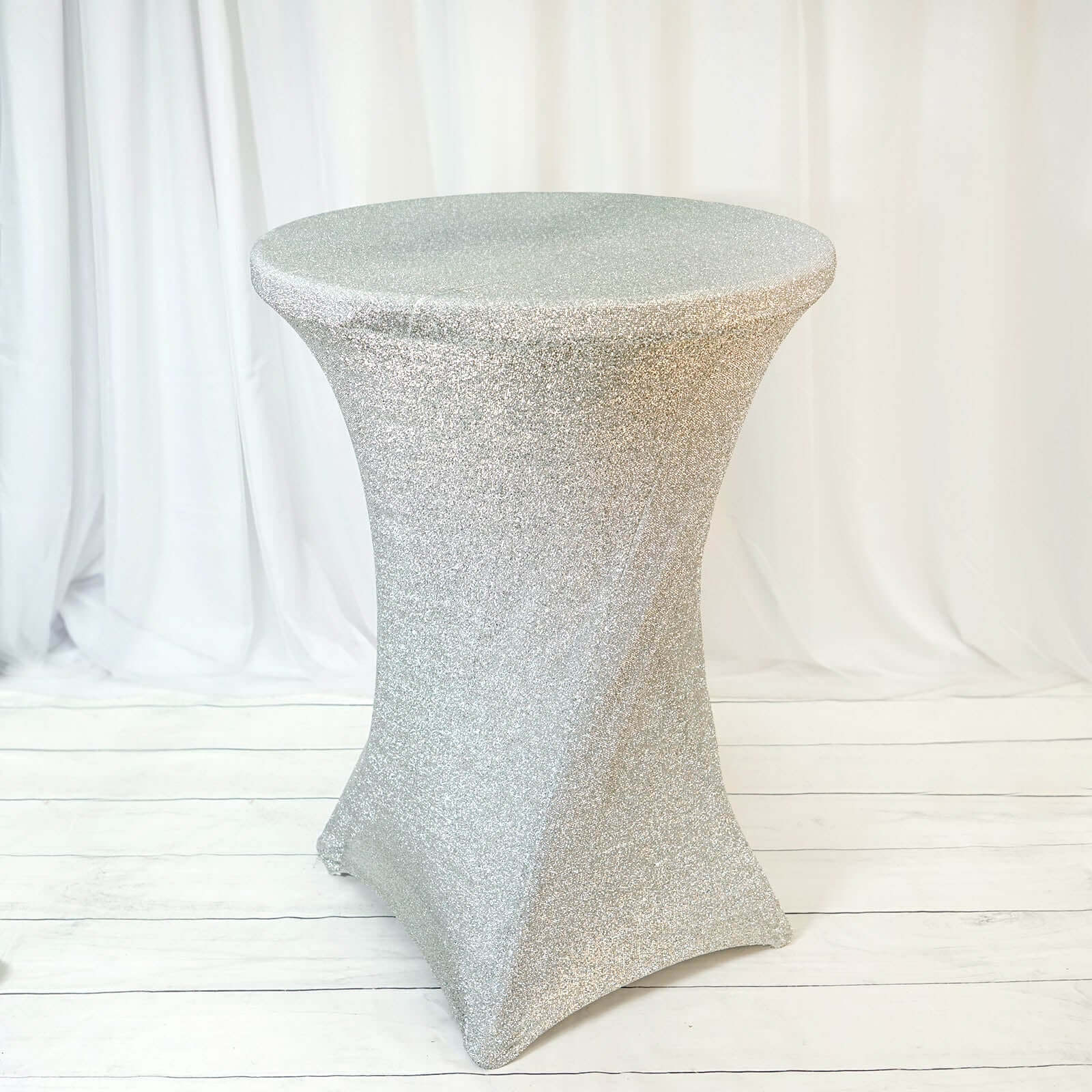 Metallic Spandex 36" Fitted Glitter Round Cocktail Table Cover Silver - Stretch Fit for High Top Tables - Linen Luxes