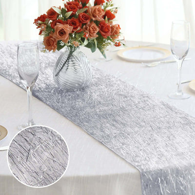 Metallic Tinsel Polyester 12"x108" Table Runner Silver - Shimmery Fringe Shag Table Decor