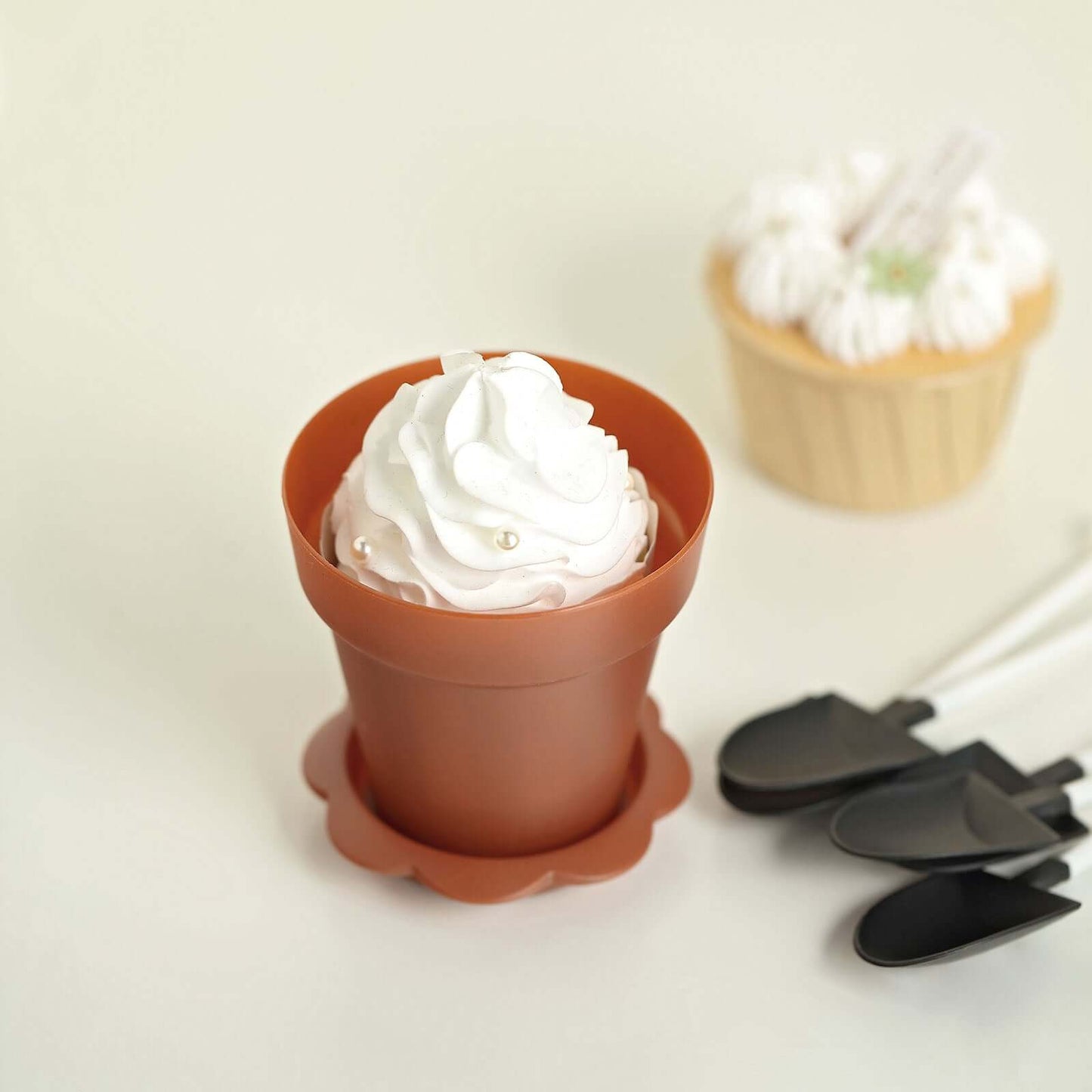 12-Pack Dessert Cups Succulent Planter Design Terracotta (Rust) - Plastic Serving Cups with Lids and Shovels 4"