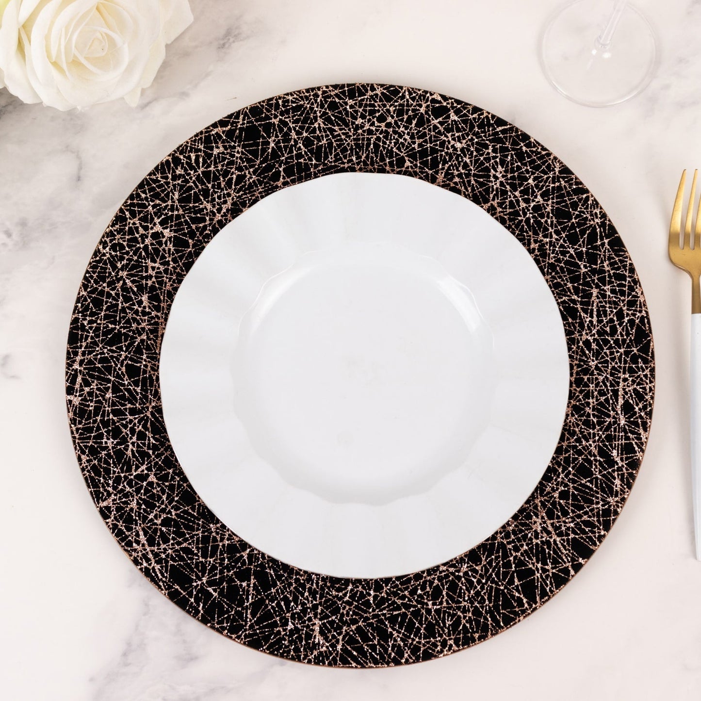 6-Pack Acrylic Round Charger Plates 13" in Black with Gold Glitter Abstract Lines Pattern, Decorative Dinner Party Charger Tableware