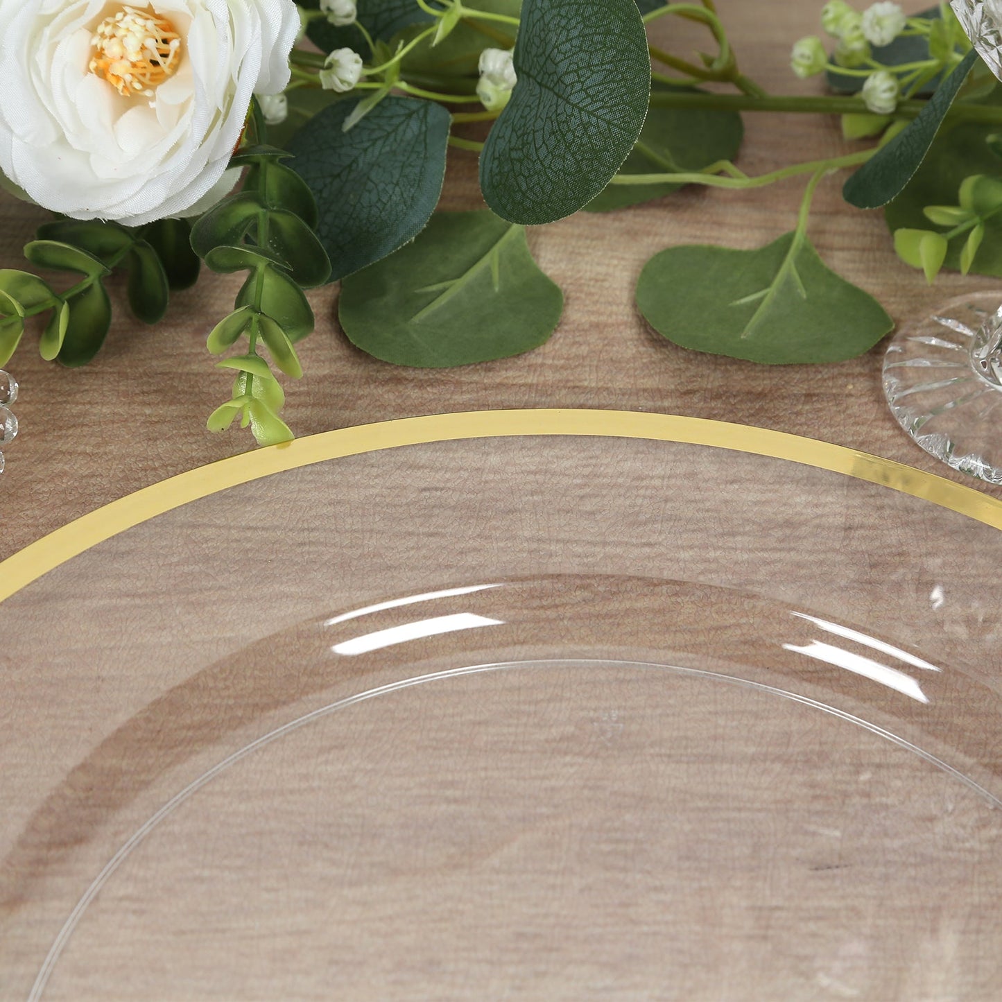 10-Pack Economy Plastic Round Charger Plates 12" in Clear with Wide Gold Rim, Decorative Dinner Party Serving Plates